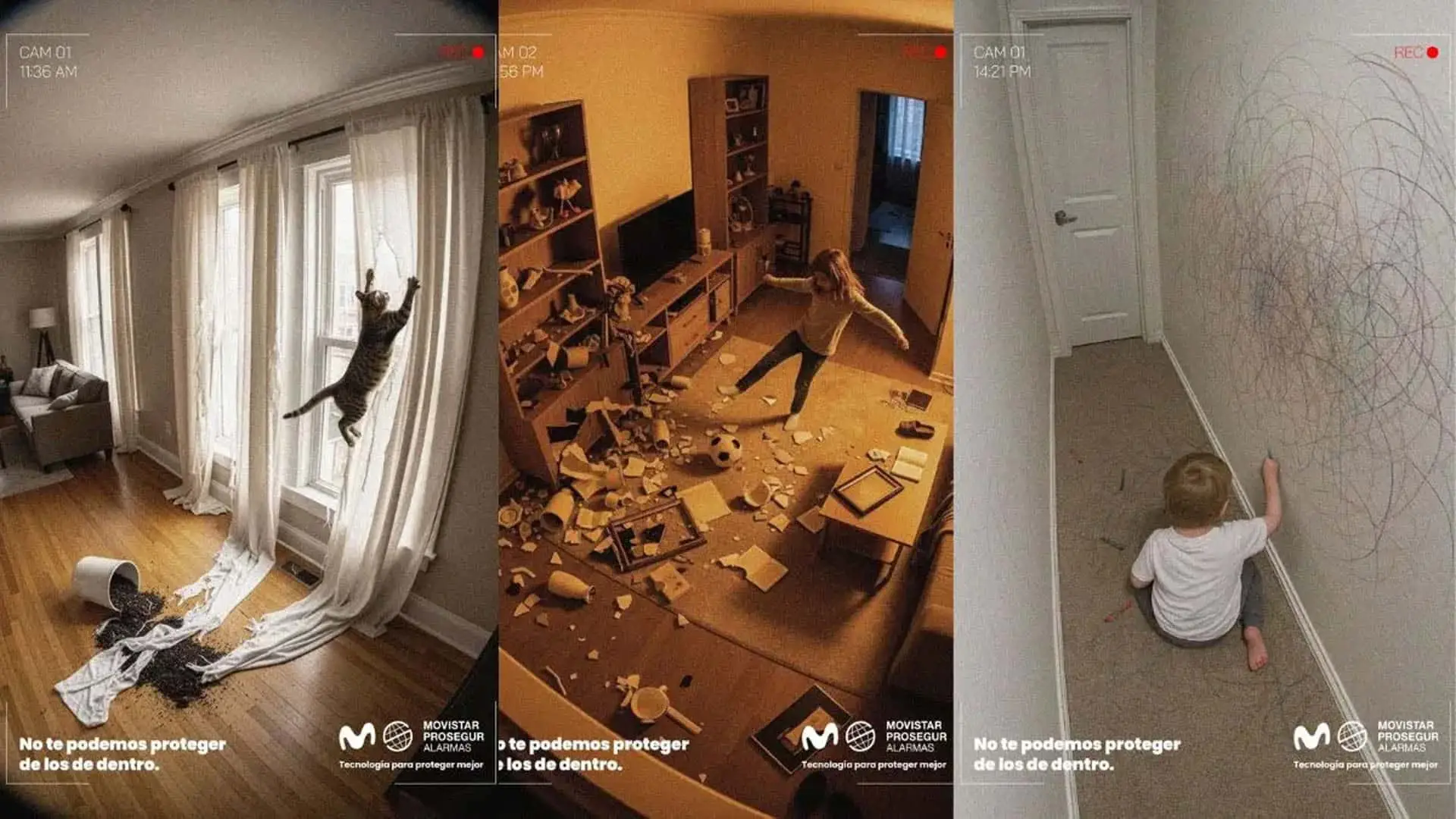 Campaña de Movistar Prosegur Alarmas con su lema No te podemos proteger de los de dentro, mostrando travesuras de niños y un gato.
