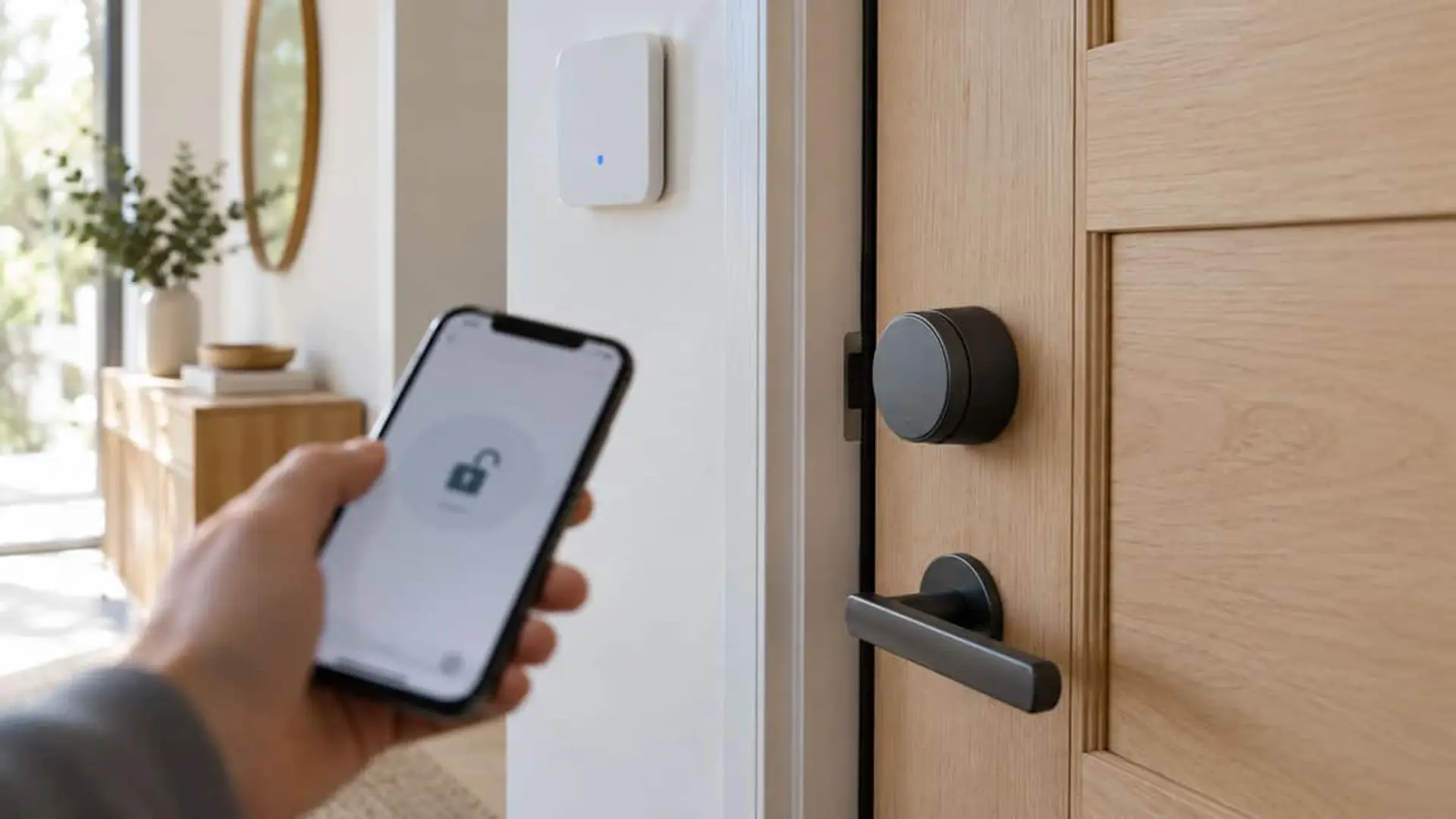 Movistar Prosegur lanza su cerradura inteligente: avisa a la central si alguien fuerza la puerta Cerradura inteligente instalada en una puerta de madera junto a un móvil con un candado abierto y un panel de alarma en la pared