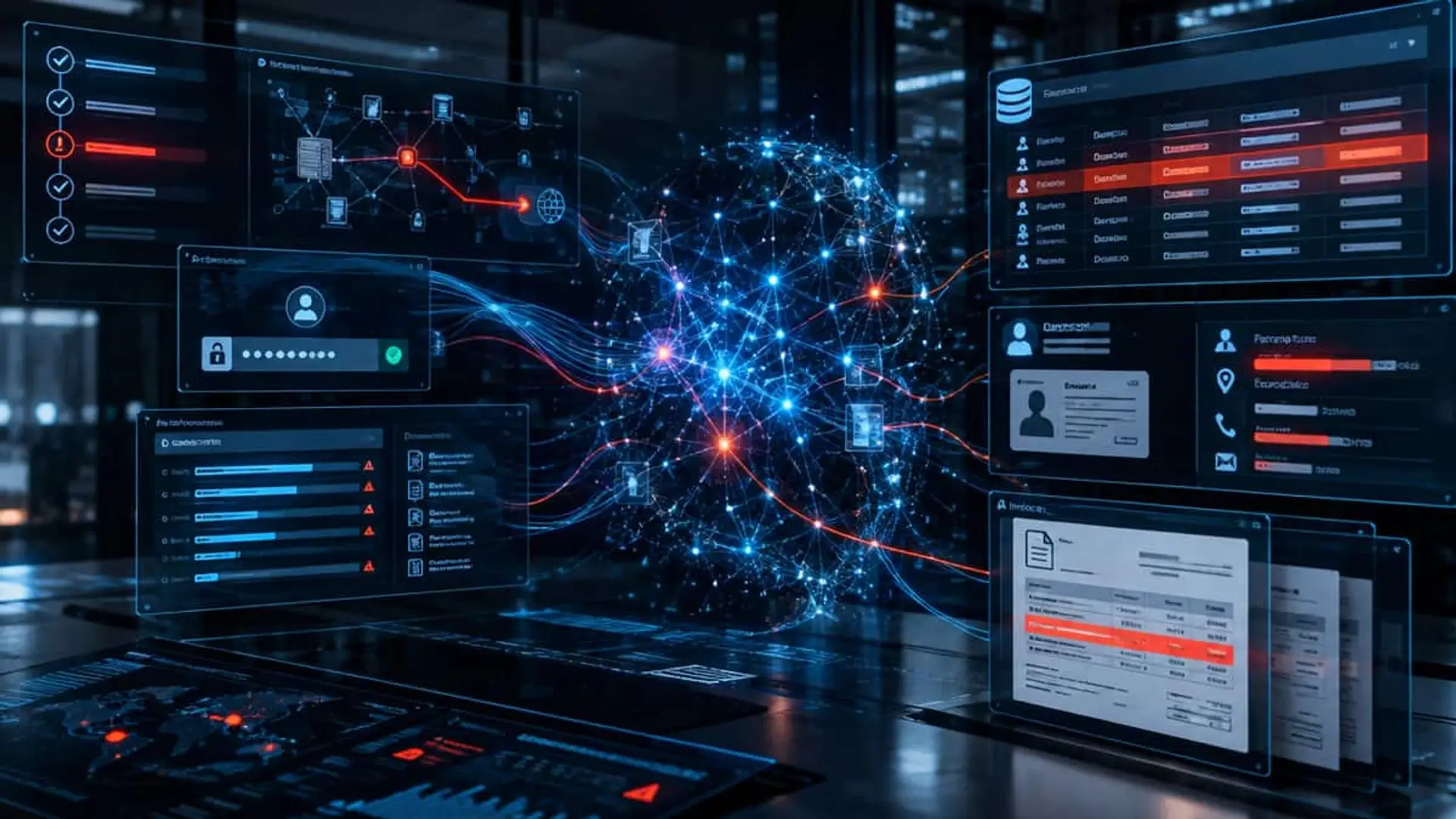 Representación de un ciberataque ejecutado por inteligencia artificial con accesos a credenciales, datos personales y documentos