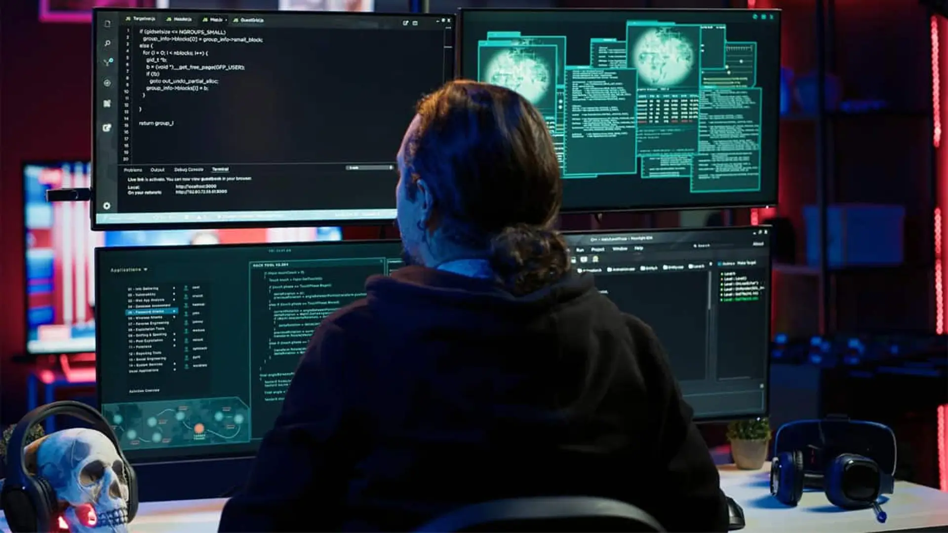 Los expertos alertan de una nueva estafa en nombre de Iberdrola: el culpable se llama Grandoreiro Persona frente a varios monitores analizando un posible ciberataque o campaña de phishing relacionada con el fraude digital.