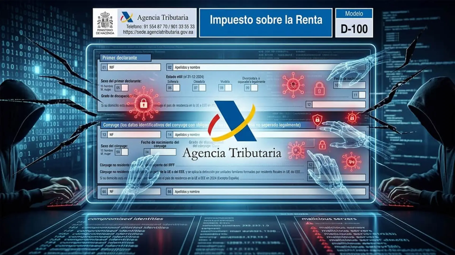 Ilustración de un ciberataque a la Agencia Tributaria con hackers manipulando el formulario del Impuesto sobre la Renta.