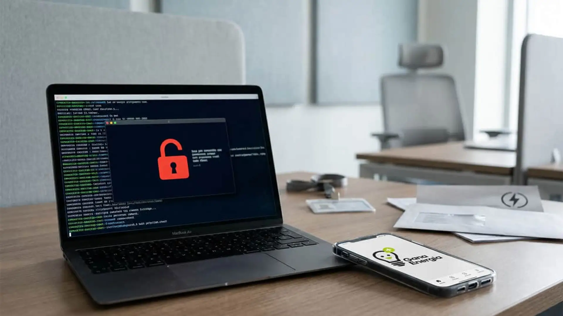 Portátil con alerta de ciberseguridad y móvil de Gana Energía sobre mesa de oficina