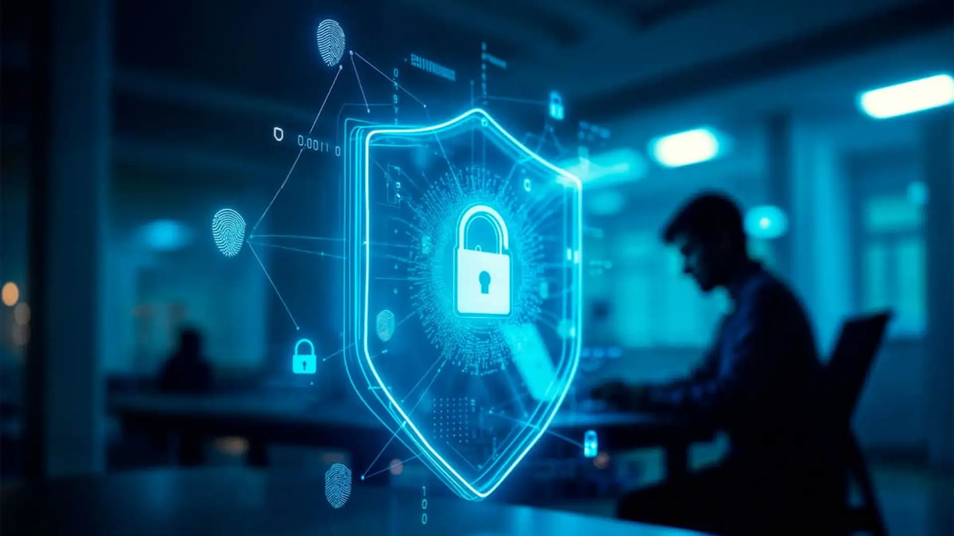 Las telecos europeas refuerzan su red digital: así han reducido un 85% en dos años el impacto de los ciberataques Profesional protegido por un escudo virtual con candado y huellas dactilares en la oficina.