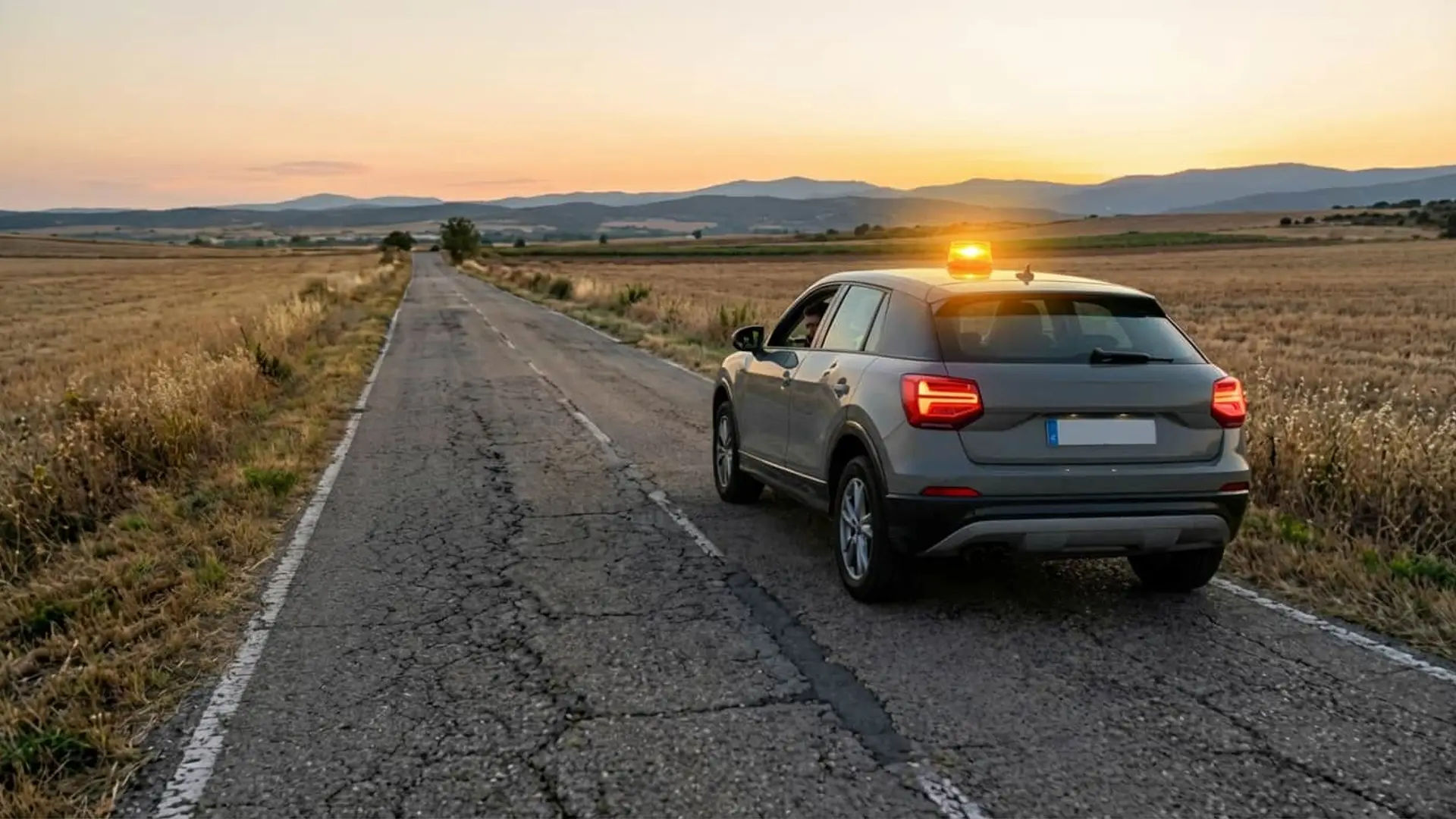 Ni te espía ni necesita app: la DGT y la OCU desmienten 10 bulos sobre la baliza V16 en 2026 Coche averiado en el arcén de una carretera rural al atardecer con luz de emergencia V16 en el techo.