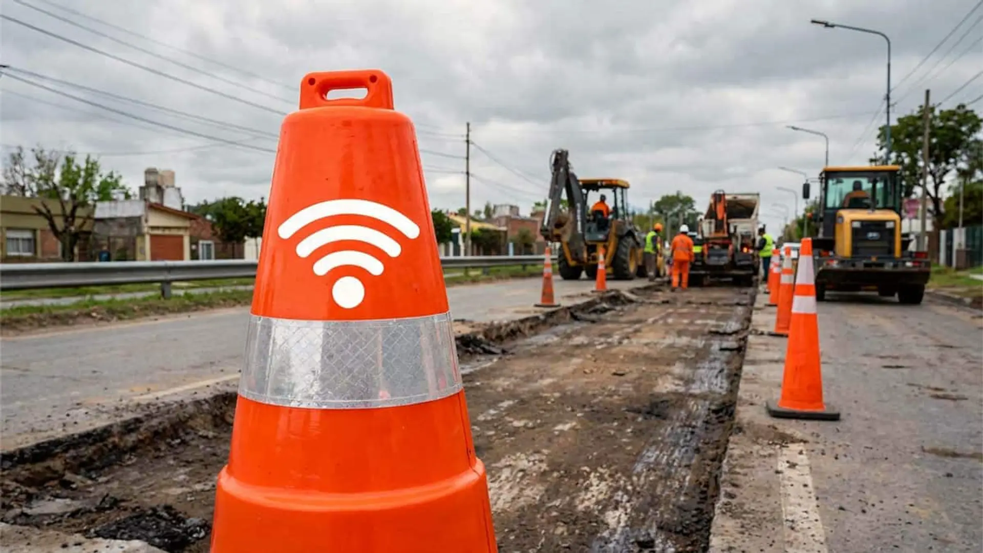 La baliza V16 es solo el principio: el plan de la DGT sigue con estos dispositivos que conectan el tráfico de China Cono de obras con icono de conectividad en una carretera en obras, representando señalización inteligente y carreteras conectadas.