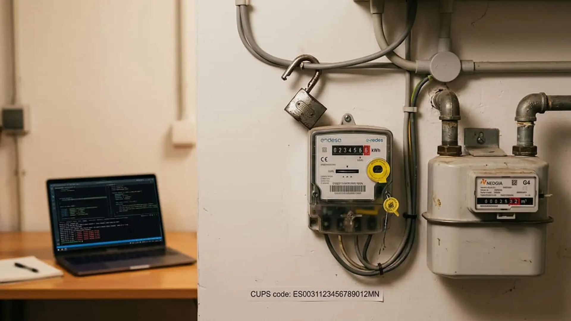 Contadores de luz y gas junto a un código CUPS y un ordenador portátil