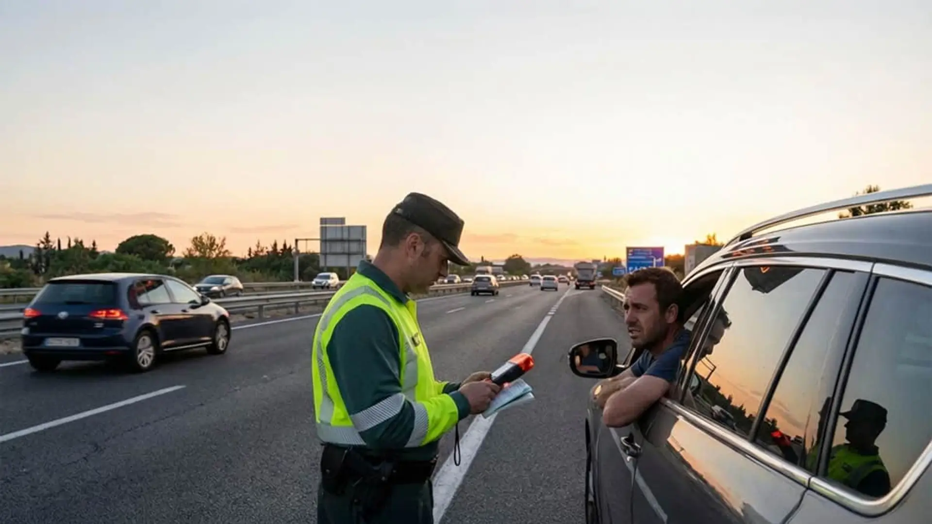 No llevar la baliza V16 tiene multa: esto es lo que te puede costar Agente de la Guardia Civil realizando control de tráfico a conductor en autovía al atardecer.