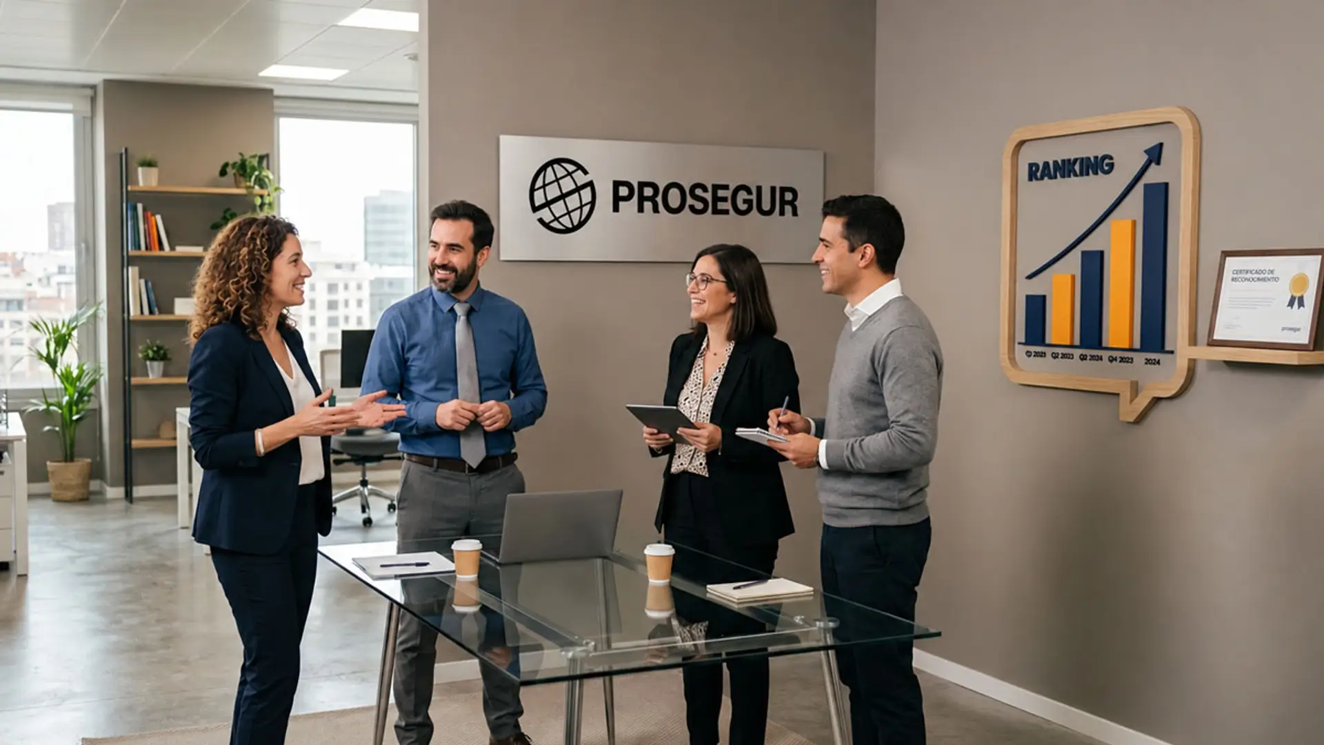 Equipo de Prosegur reunido en una oficina junto al logo de la empresa, un gráfico de ranking y un certificado de reconocimiento