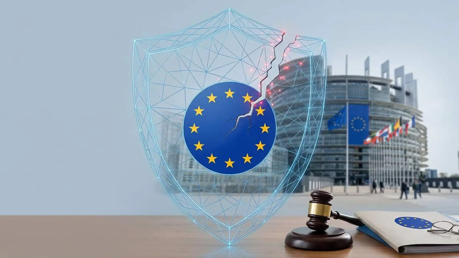 Escudo digital de la Unión Europea agrietado frente al Parlamento Europeo junto a un mazo judicial