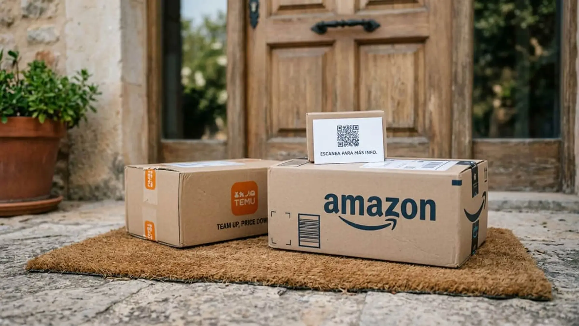 Paquetes de Amazon y Temu junto a una puerta, ejemplo de estafa brushing.