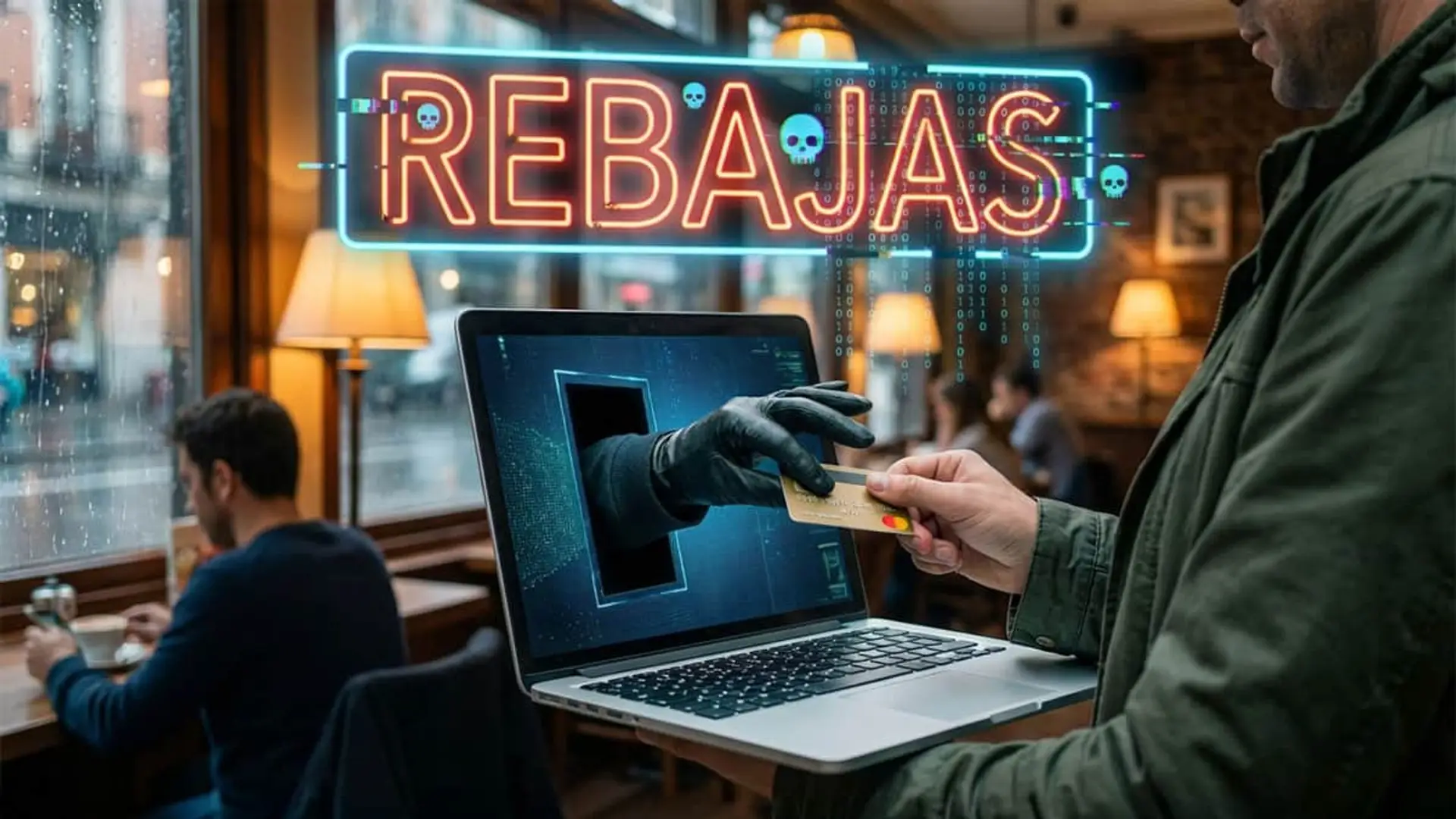 Los expertos avisan: estas son las 10 ciberestafas más comunes en rebajas y formas de evitarlas Mano de ciberdelincuente saliendo de portátil robando tarjeta de crédito bajo neón de Rebajas.