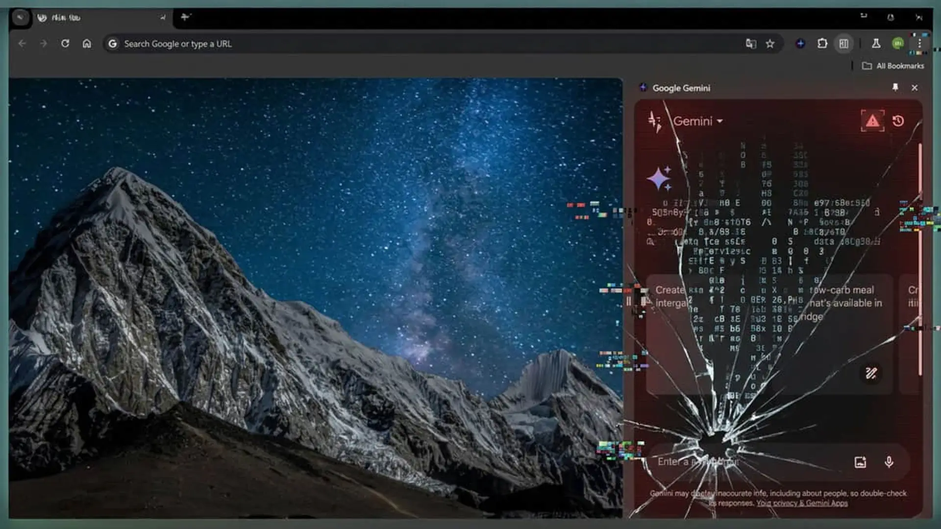 Ventana de Google Gemini con efecto de pantalla rota y glitch digital para representar fallos en inteligencia artificial.