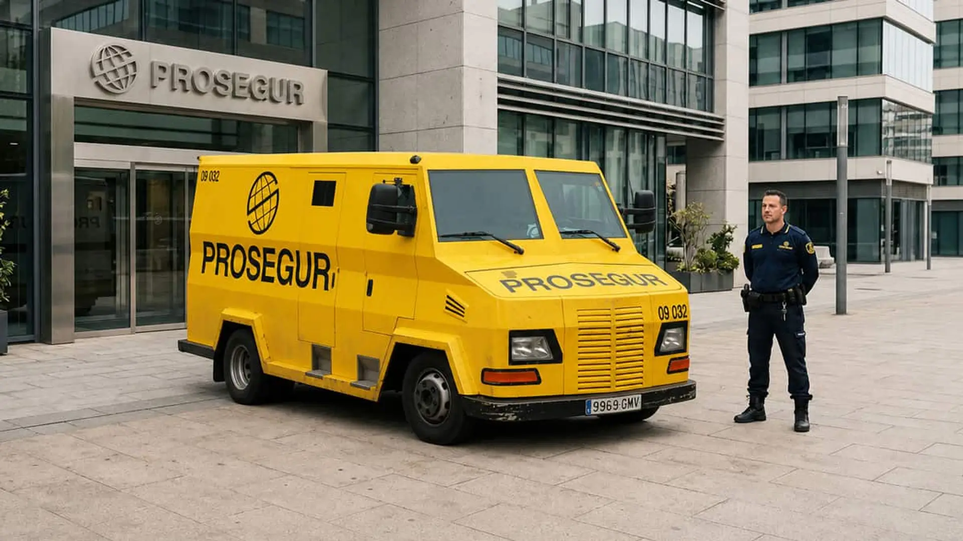 Prosegur gana 57 millones en el semestre: alarmas es su división que más crece con un 12% Furgón blindado de Prosegur estacionado frente a un edificio corporativo con un vigilante de seguridad
