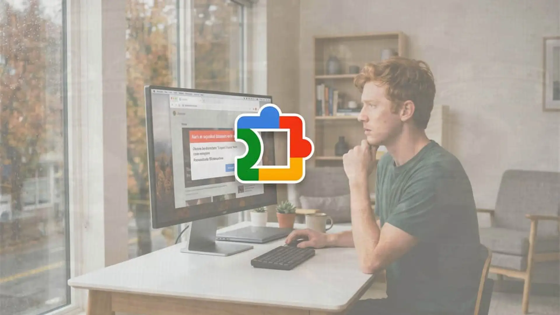 Joven pelirrojo frente a su ordenador con una alerta de seguridad y el logotipo de las extensiones de Google Chrome superpuesto.