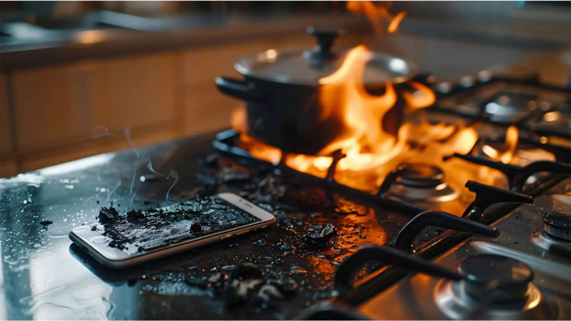 AXA alerta: en Navidad, sartenes y velas disparan el riesgo de incendio en casa Móvil quemado y dañado por fuego en encimera de cocina tras accidente doméstico o incendio.