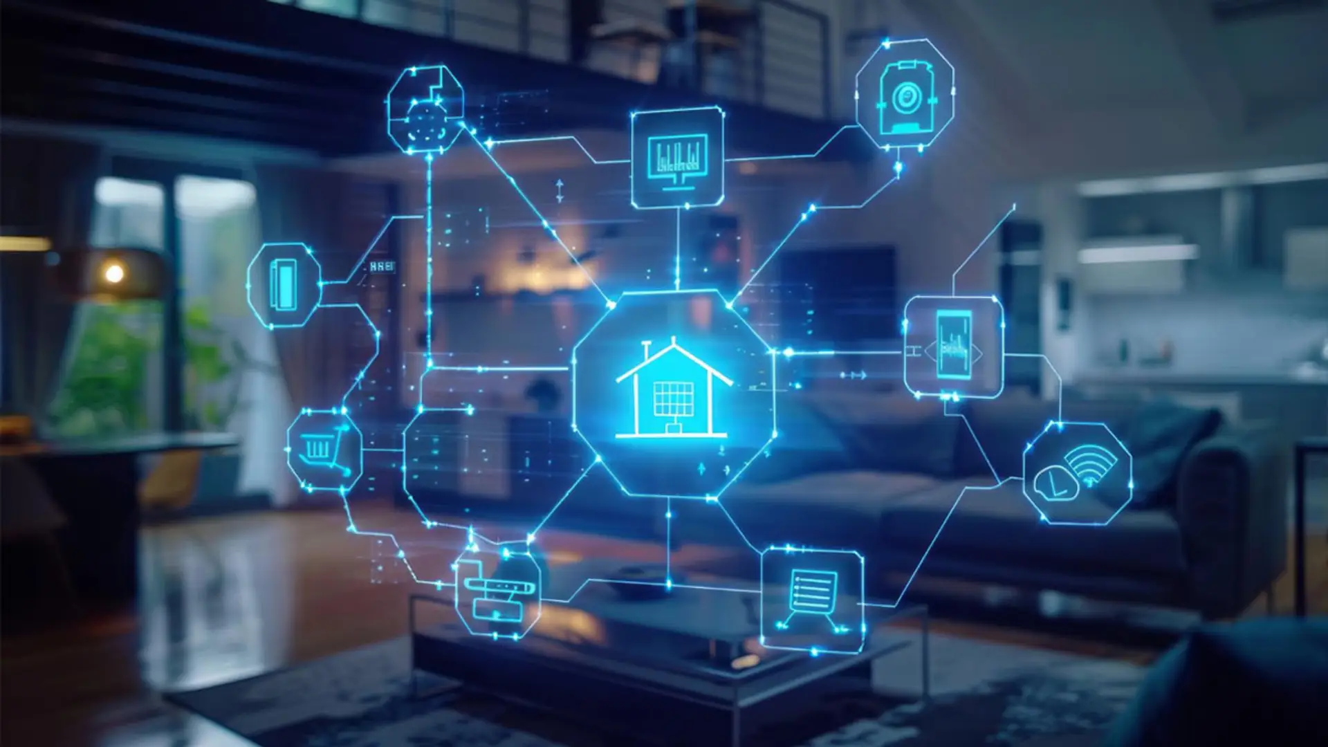Interfaz digital de hogar inteligente con iconos conectados sobre el interior de un salón