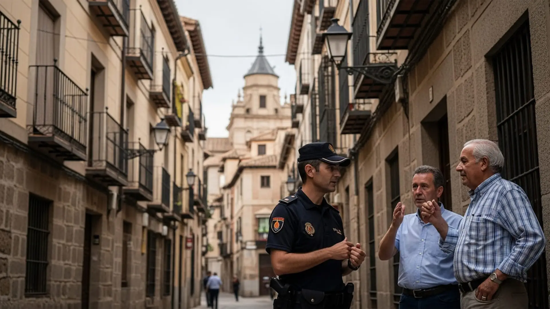 La Policía intensifica su vigilancia contra robos en Toledo: este es el motivo Un agente de la Policía Nacional hablando con dos vecinos en la calle para dar consejos de seguridad y prevenir robos en el barrio.