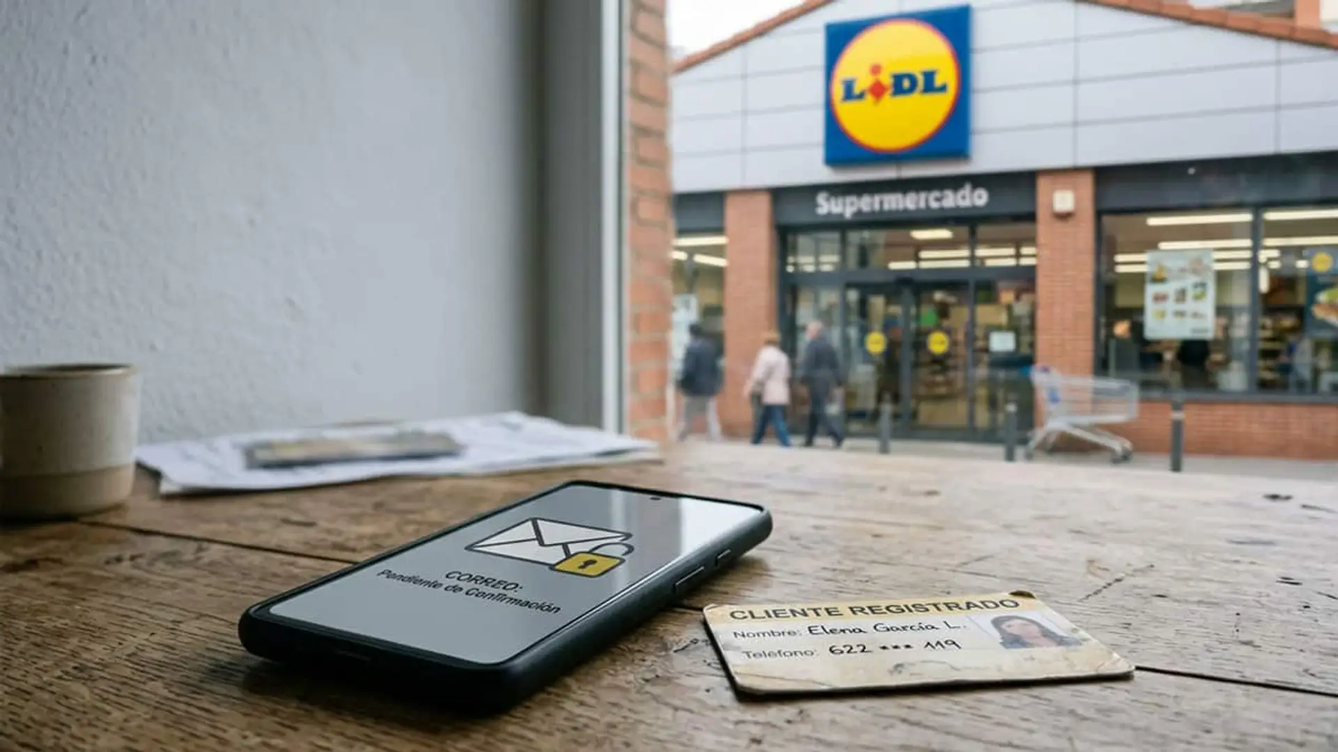 Filtración de datos en Lidl: contraseñas y datos bancarios, a salvo pese al robo de información personal Teléfono móvil con un correo de confirmación pendiente junto a una tarjeta con datos de cliente, con un supermercado Lidl al fondo