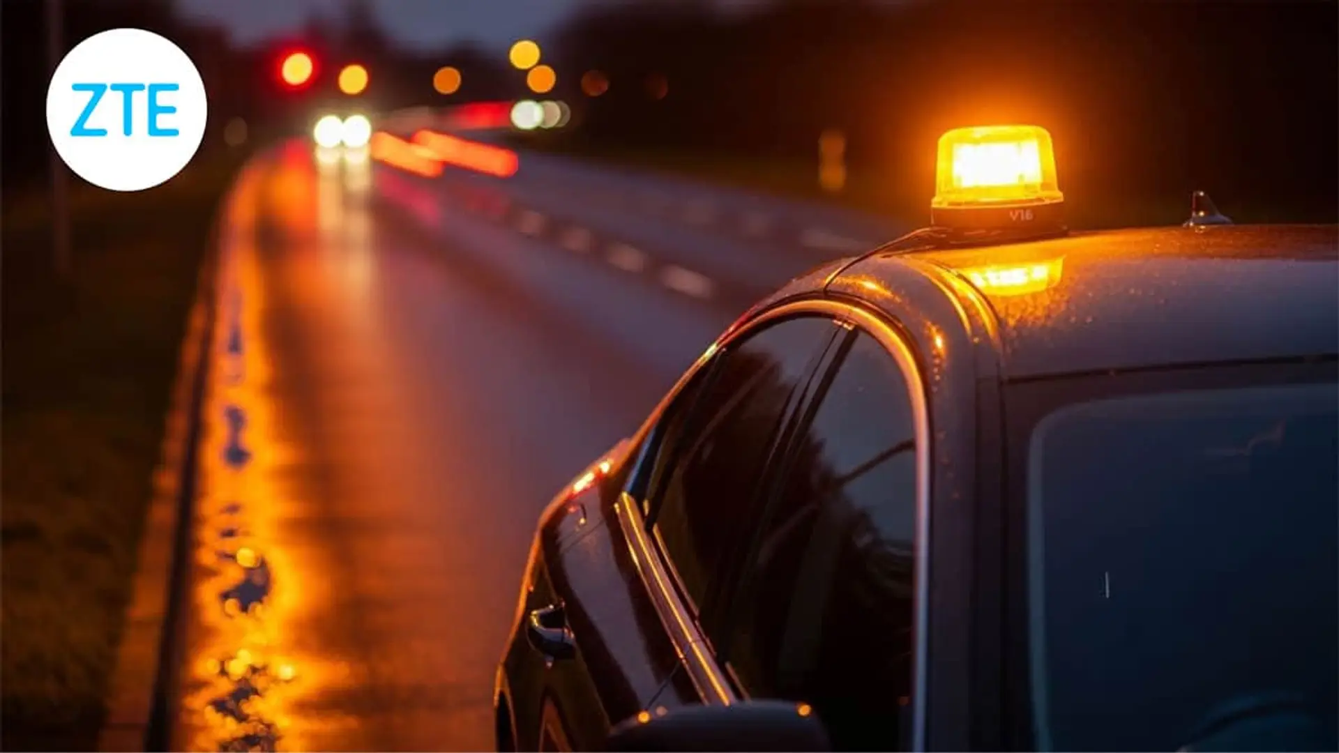 ZTE lanza su baliza V16 con cobertura Vodafone y homologada por la DGT: estas son sus características Luz de emergencia V16 conectada de ZTE en el techo de un coche.