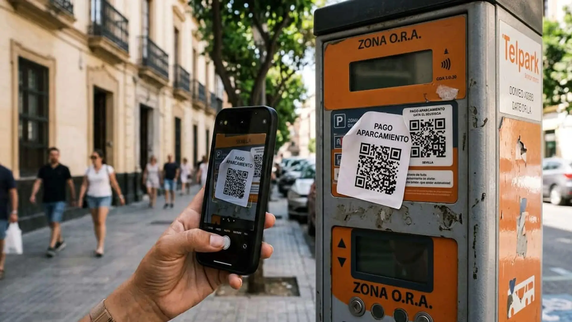 Mano con un móvil fotografiando un código QR de pago colocado en un parquímetro de Telpark
