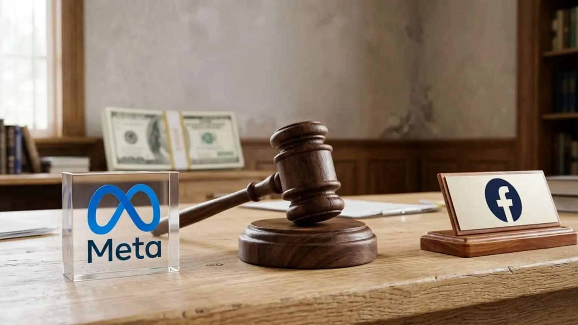 Meta, condenada a pagar 25.000 millones por engañar a los usuarios de Facebook sobre su privacidad Mazo de juez sobre una mesa de tribunal, entre los logotipos de Meta y Facebook, con fajos de billetes de dólares al fondo.