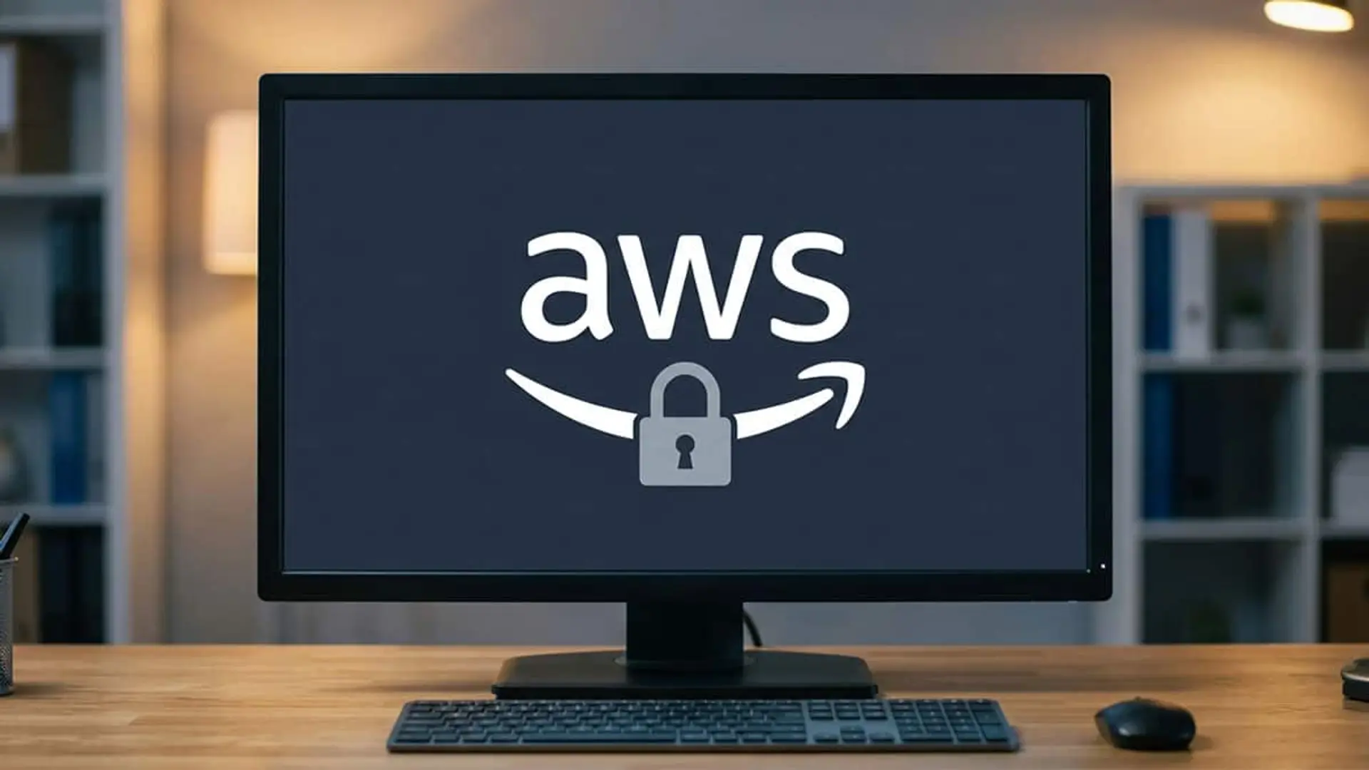 Así roban tu sesión de AWS aunque tengas el doble factor activado Monitor sobre un escritorio con el logotipo de AWS y un candado de seguridad en pantalla