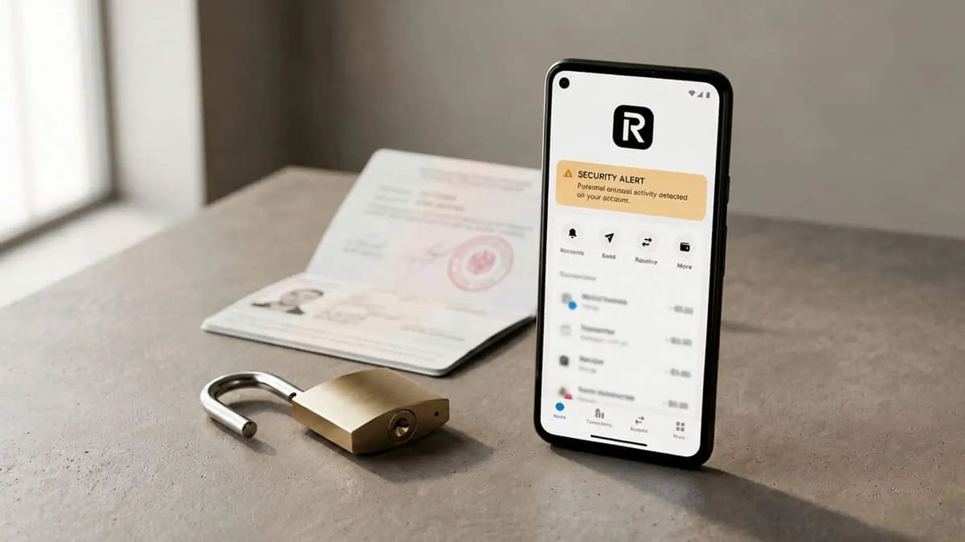 Revolut niega contacto con los hackers que piden 3 millones para no vender datos de 680 clientes Teléfono móvil con la app de Revolut y una alerta de seguridad junto a un pasaporte y un candado abierto