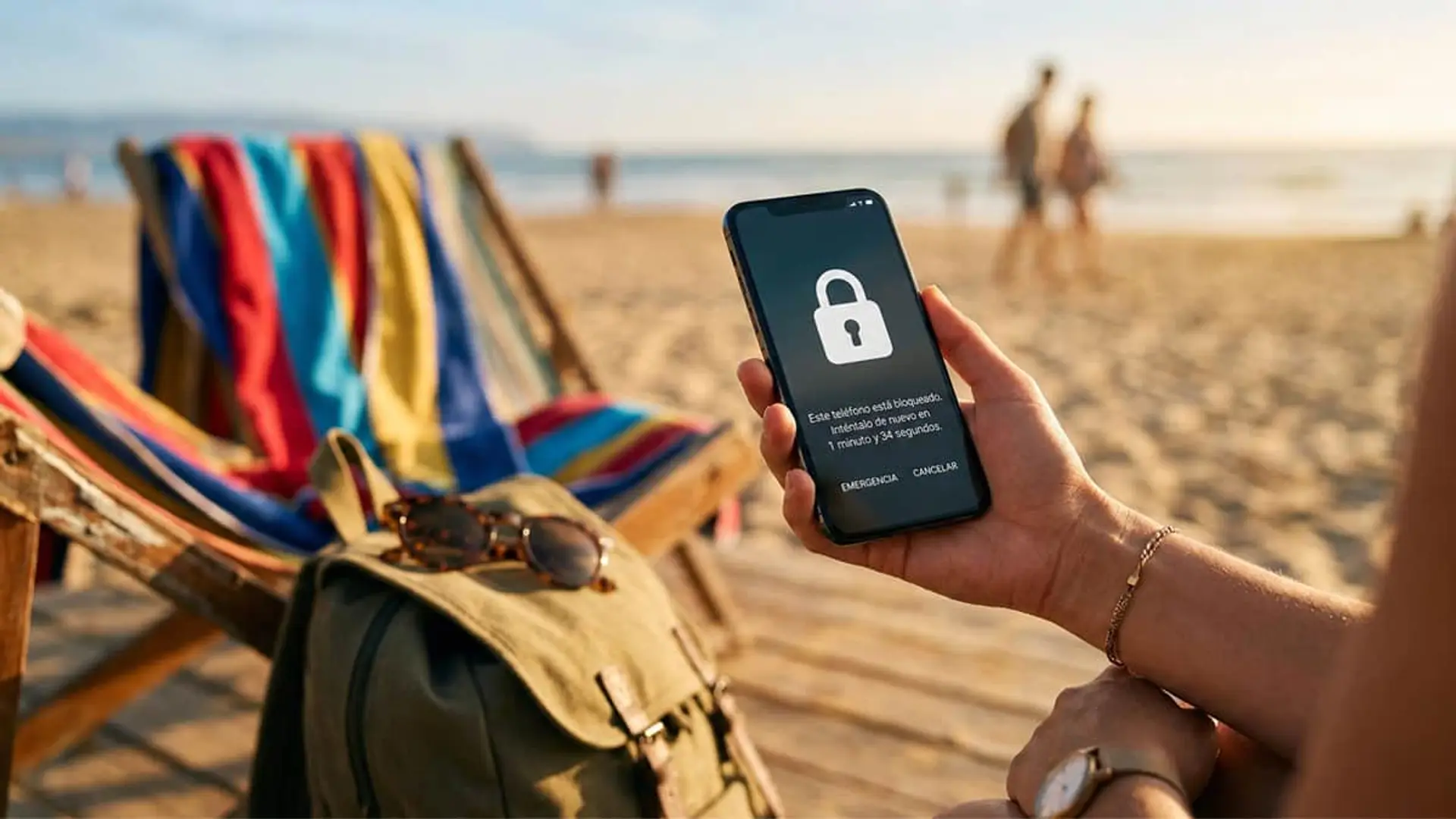 Persona sosteniendo un teléfono móvil bloqueado con una alerta de seguridad en pantalla junto a una mochila y una hamaca en la playa
