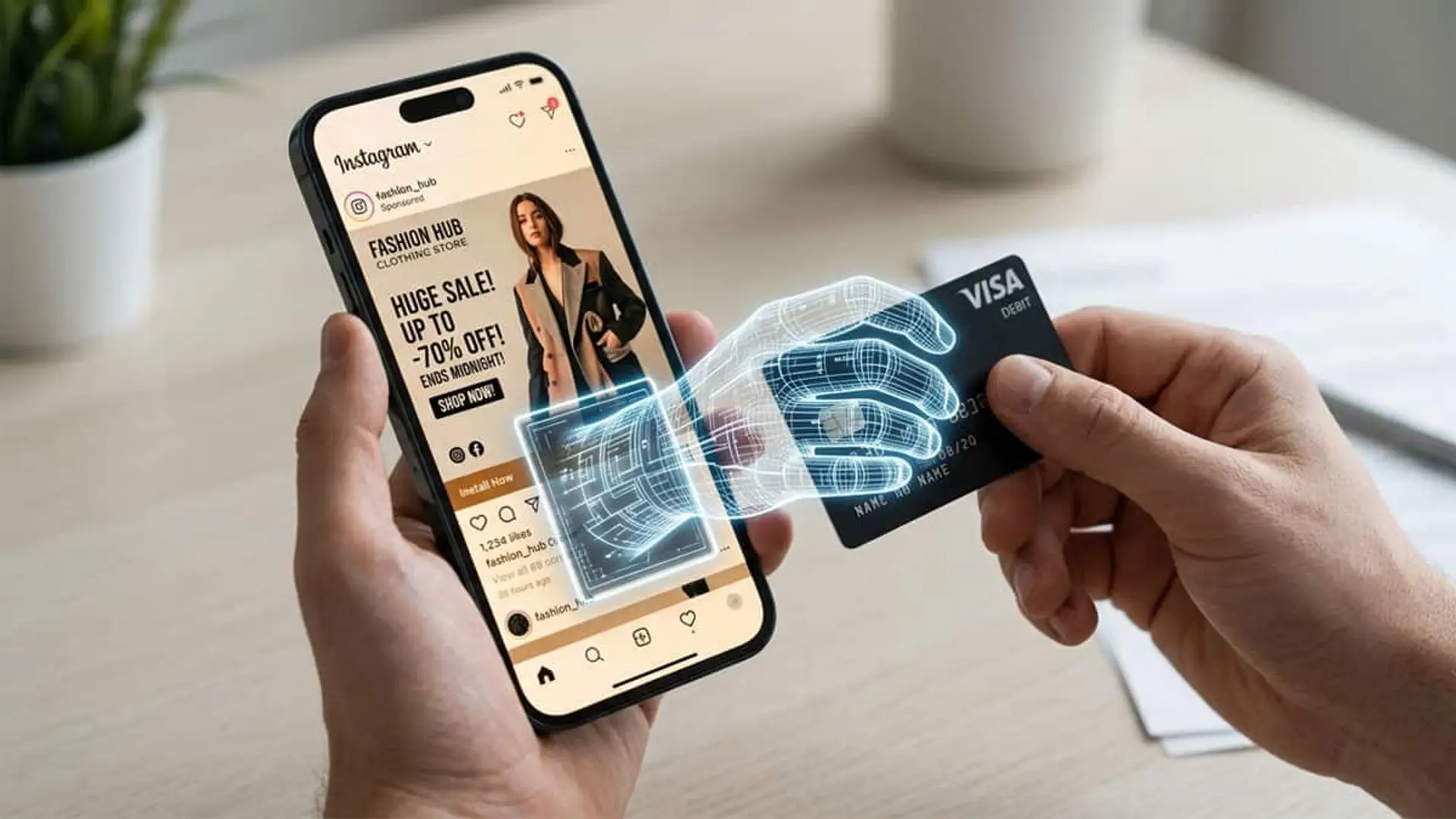 Manos sosteniendo un móvil con un anuncio en Instagram y una tarjeta bancaria