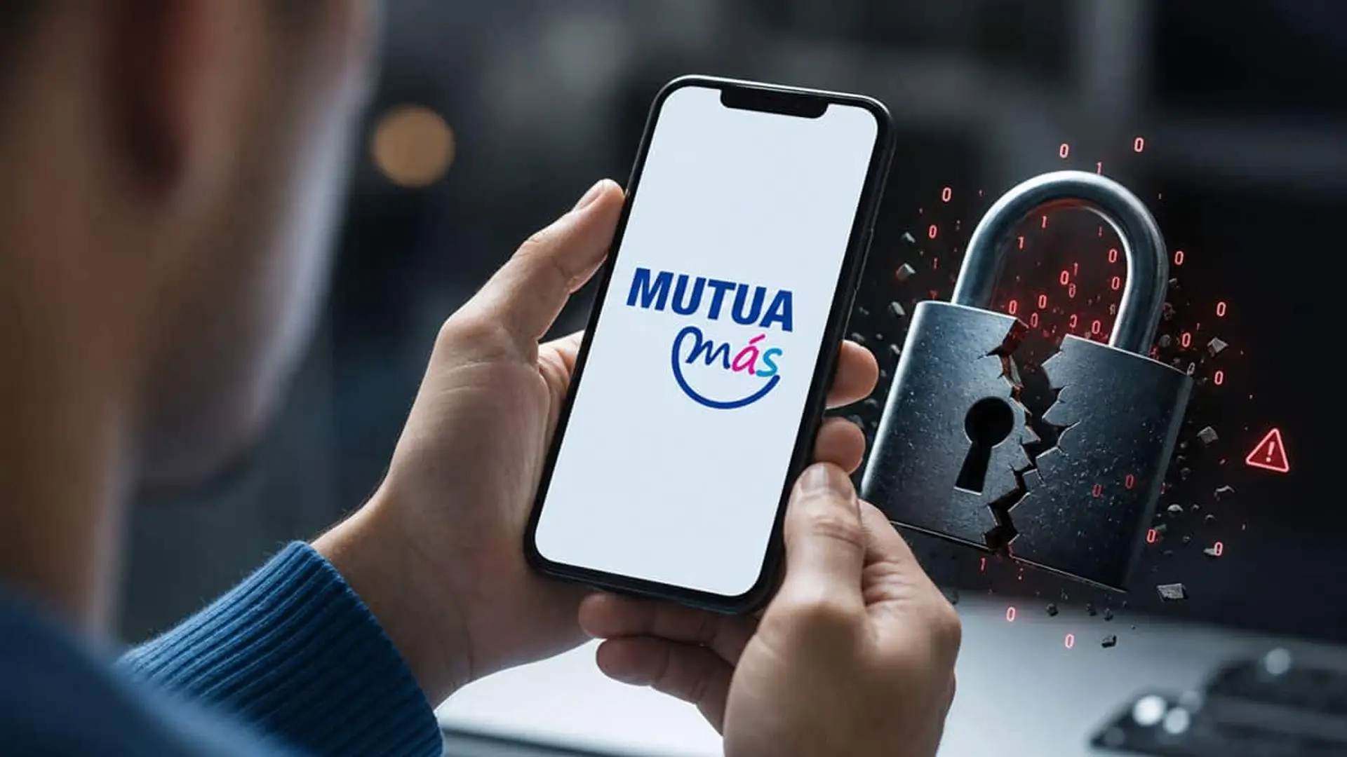 Mutua Madrileña confirma una filtración en ElParking: DNI, teléfono y matrícula expuestos, contraseñas a salvo Persona sosteniendo un móvil con el logotipo de Mutua Más junto a un candado digital roto