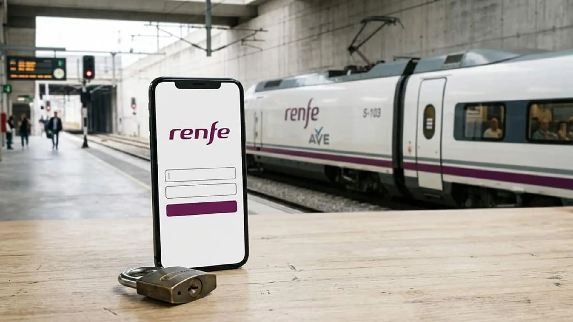 Móvil con el logo de Renfe junto a un candado y un tren AVE estacionado en un andén
