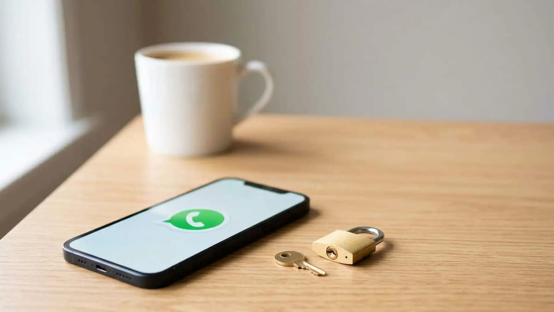 Controles parentales de WhatsApp: los padres no podrán leer los mensajes ni oír las llamadas Móvil con el logotipo de WhatsApp junto a un candado y una llave sobre una mesa
