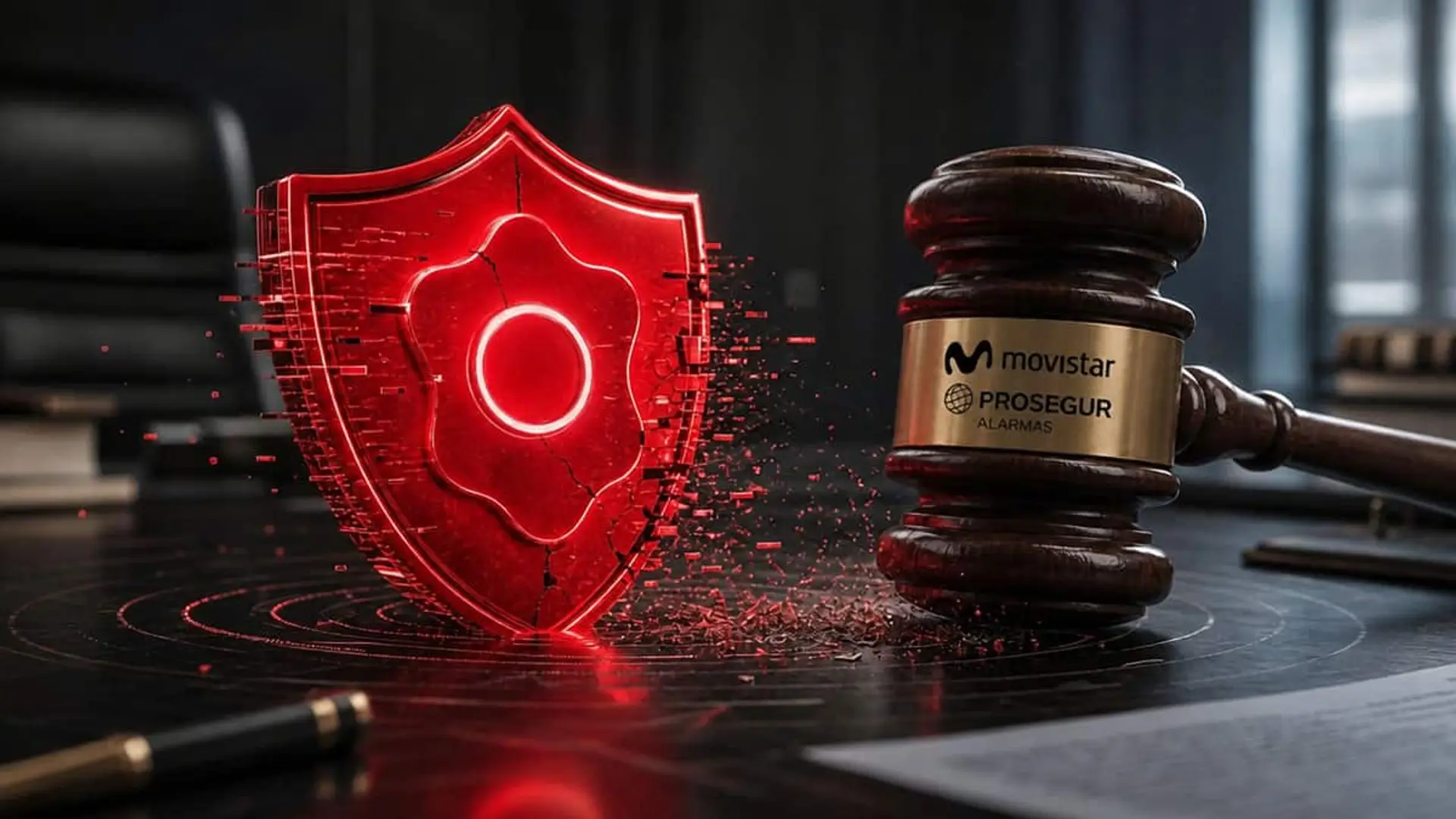 Escudo rojo con logo de Verisure agrietado junto a un mazo judicial con los logos de Movistar Prosegur Alarmas