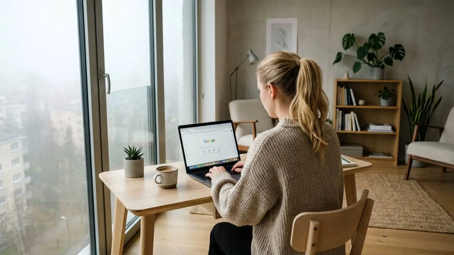 Mujer teletrabajando con un portátil en un despacho luminoso frente a un ventanal para representar el trabajo en casa.