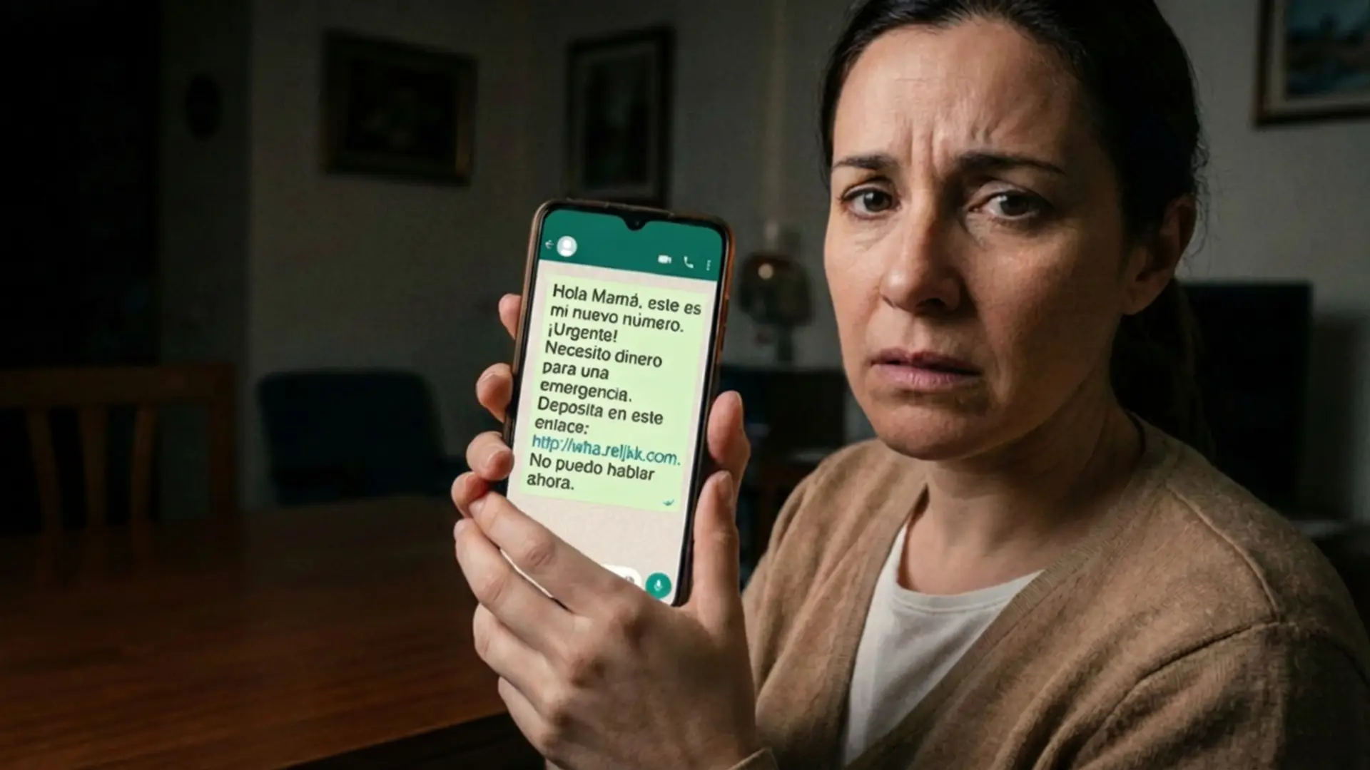 Mujer preocupada mostrando mensaje de estafa de WhatsApp Hola mamá pidiendo dinero urgente.