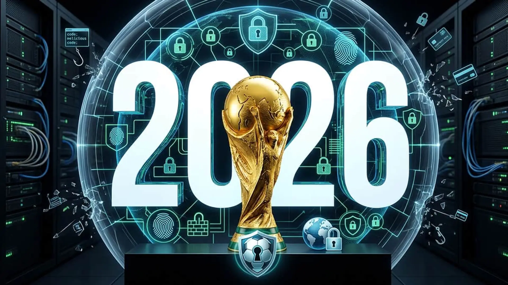 El Mundial 2026 atrae a los ciberdelincuentes: entradas falsas, streaming pirata y apps trampa que debes evitar Mundial 2026 con iconos de ciberseguridad, datos biométricos y protección digital en estadios.