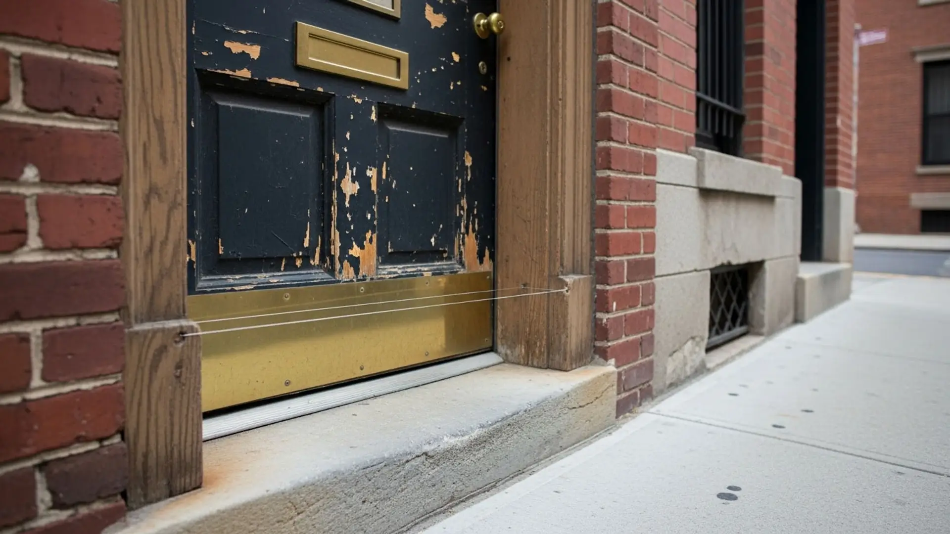 No las ignores: estas son las señales que anticipan un robo en tu casa Hilo de pegamento colocado en el umbral de una puerta de madera vieja y desconchada.