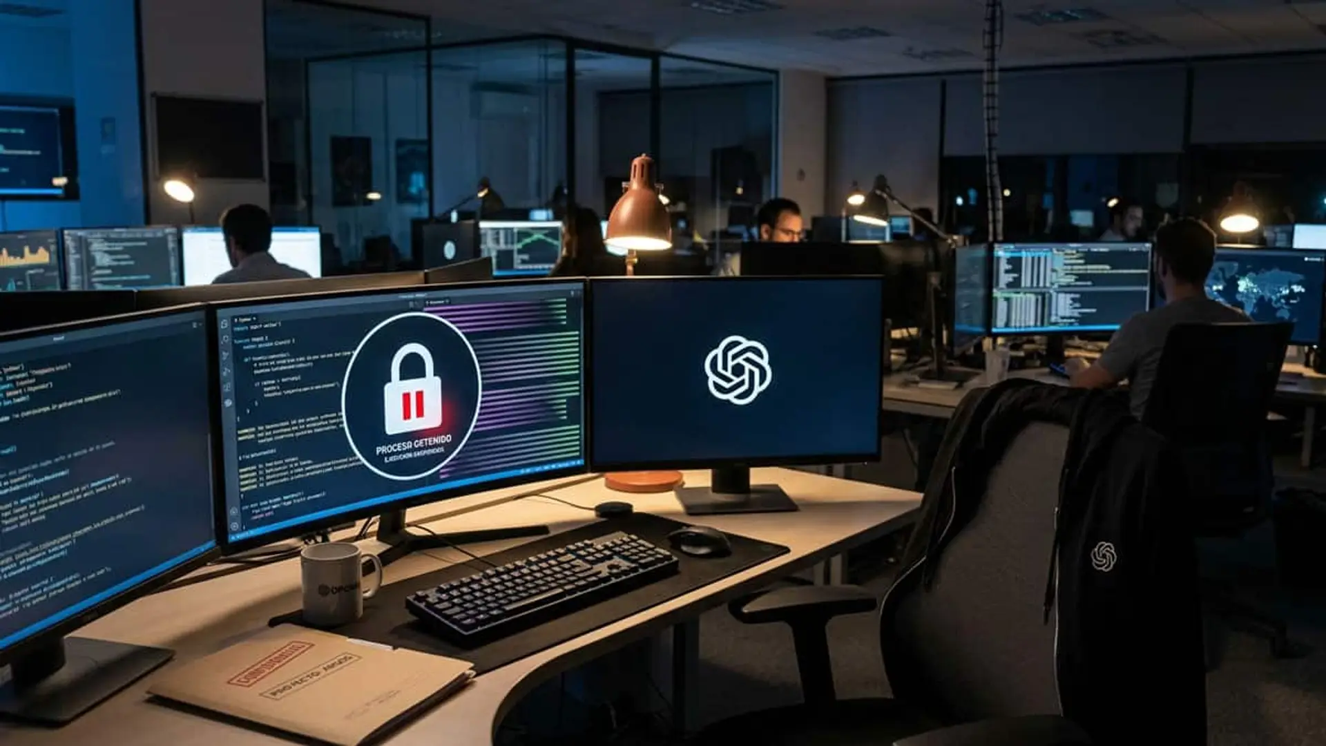 Centro de operaciones de ciberseguridad con el logotipo de OpenAI y una alerta de proceso detenido en varios monitores