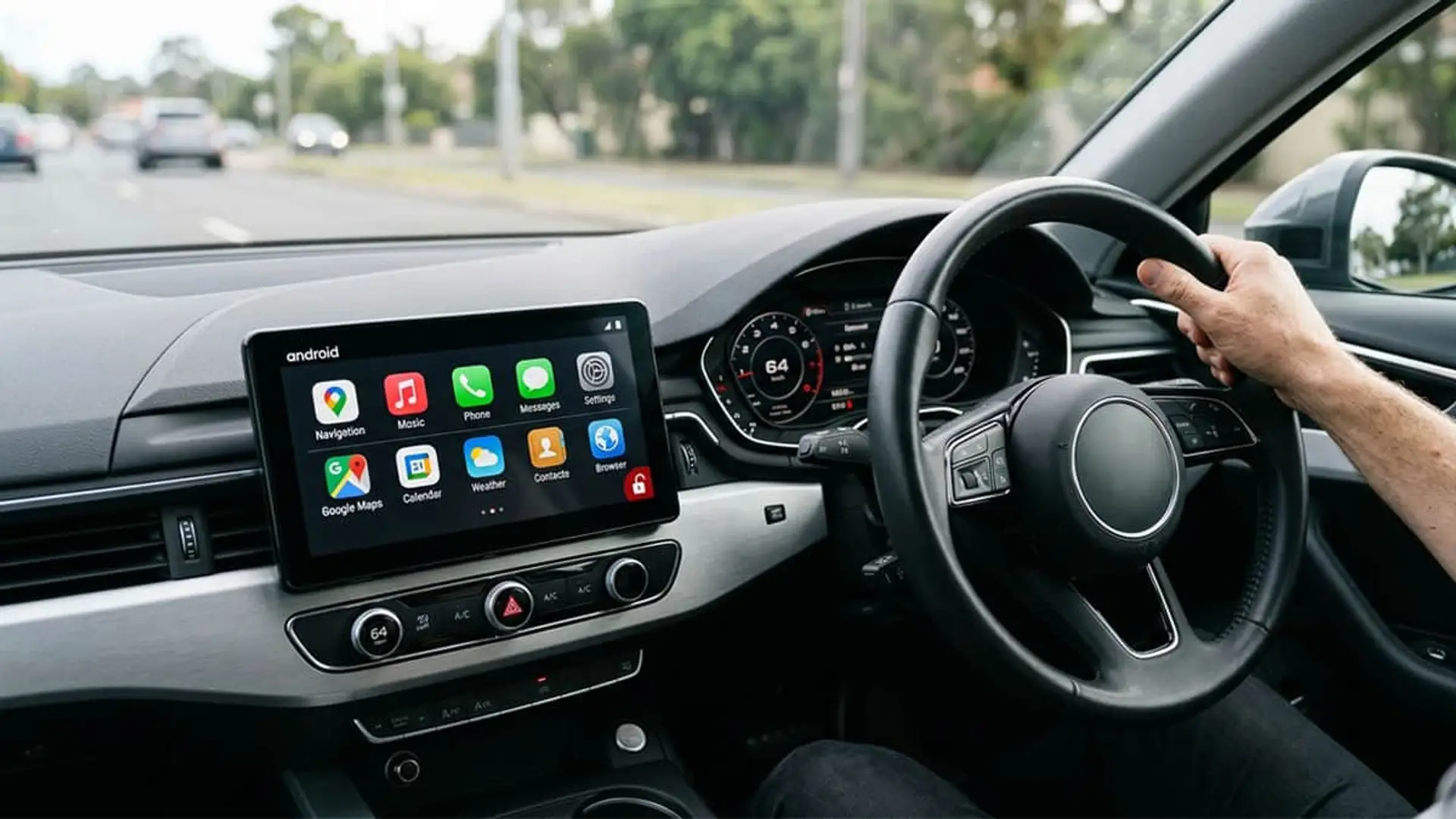 Conductor utiliza una pantalla Android integrada en el sistema multimedia de un coche conectado.