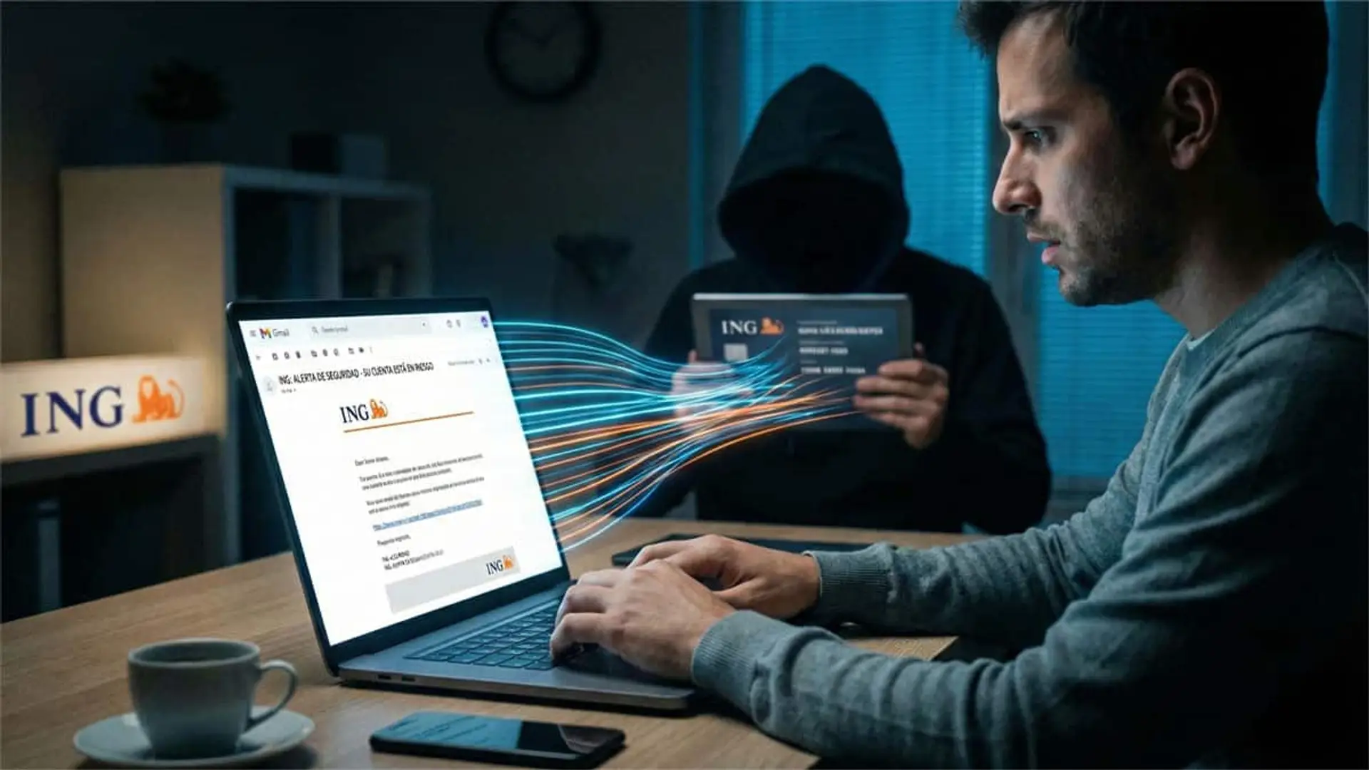 Recreación de ataque de phishing suplantando a ING con ciberdelincuente robando credenciales bancarias desde un portátil.