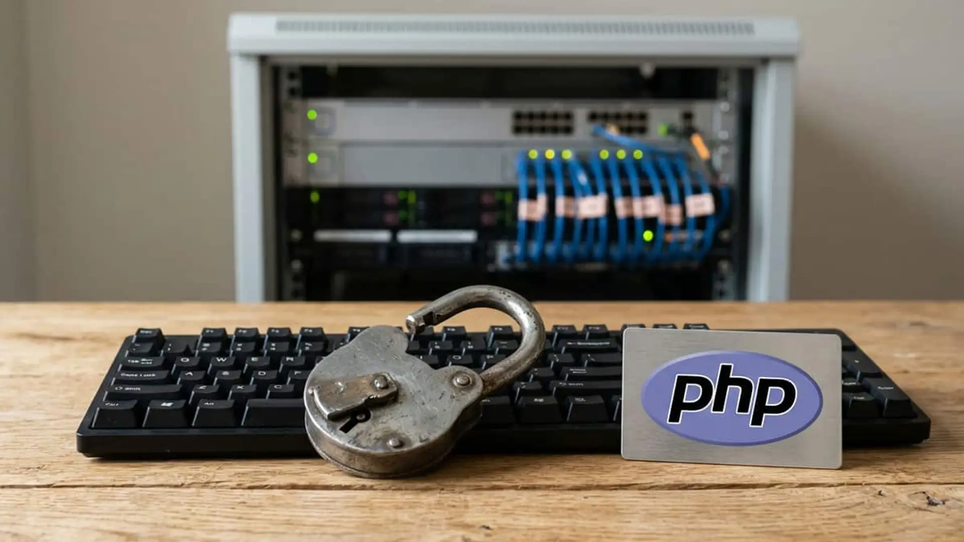 Si tu web usa PHP, actualiza ya: estas son las versiones que corrigen los dos fallos críticos Teclado de ordenador con un candado abierto y el logotipo de PHP, delante de un servidor con cables de red azules.