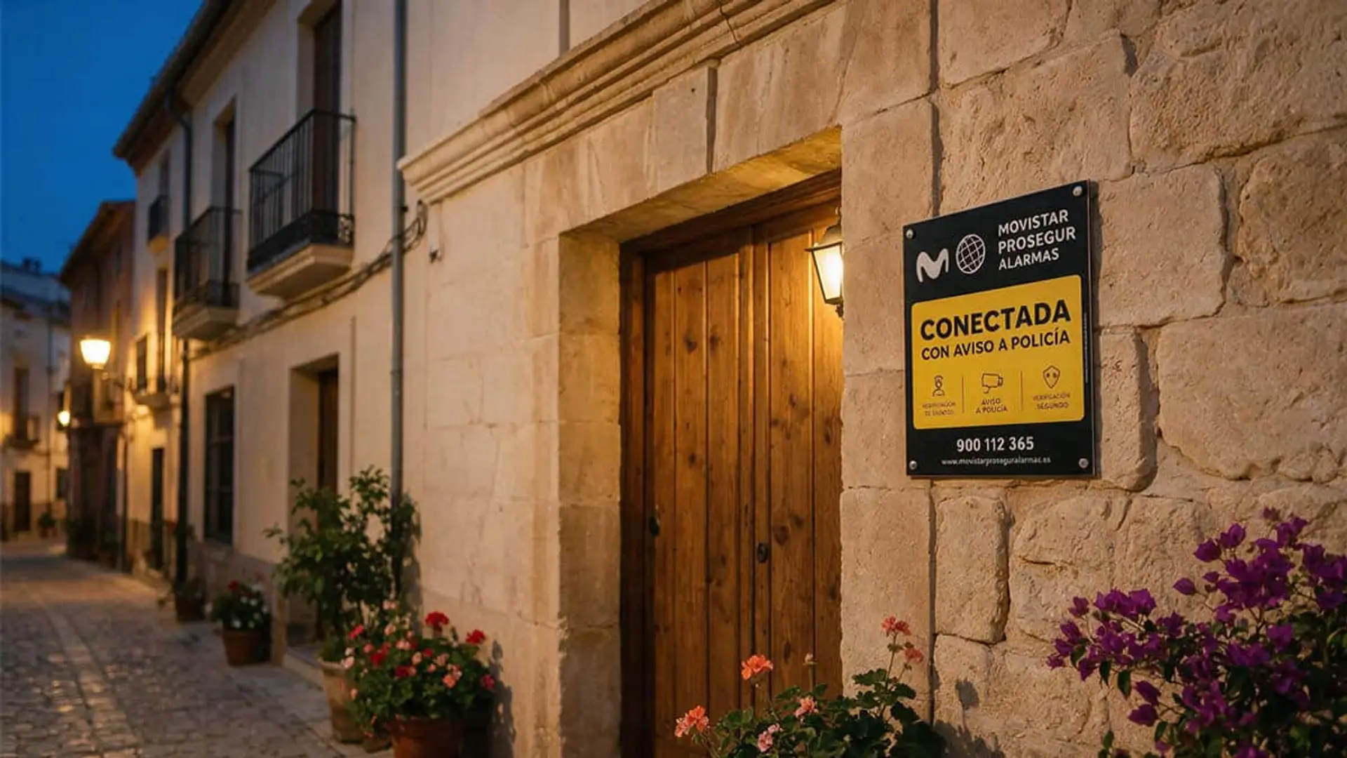 Placa de Movistar Prosegur Alarmas instalada junto a la puerta de una vivienda de piedra en una calle residencial