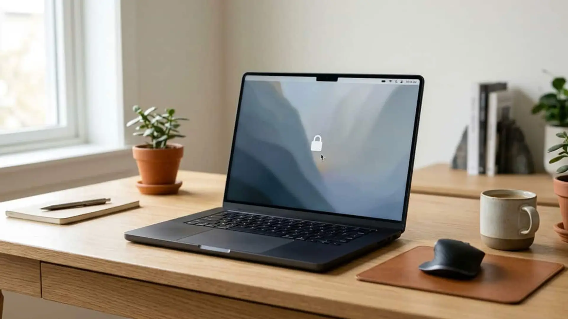 Apple soluciona un fallo grave que saltaba la contraseña de tu Mac Portátil sobre un escritorio de madera con un icono de candado en la pantalla, junto a un ratón y una taza