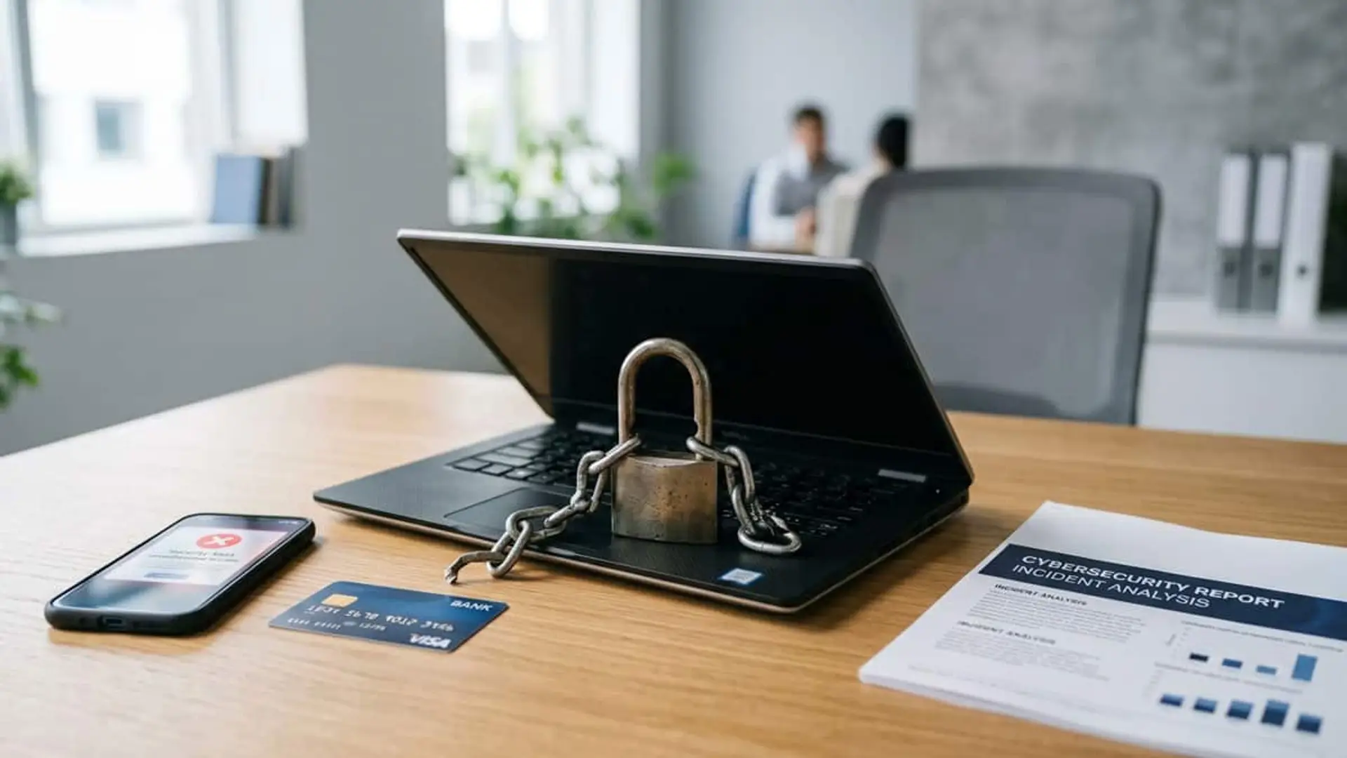 El fraude digital, principal amenaza en España: los incidentes graves suben un 45% hasta 879 en seis meses Ordenador portátil con un candado y una cadena junto a una tarjeta bancaria, un móvil y un informe de ciberseguridad