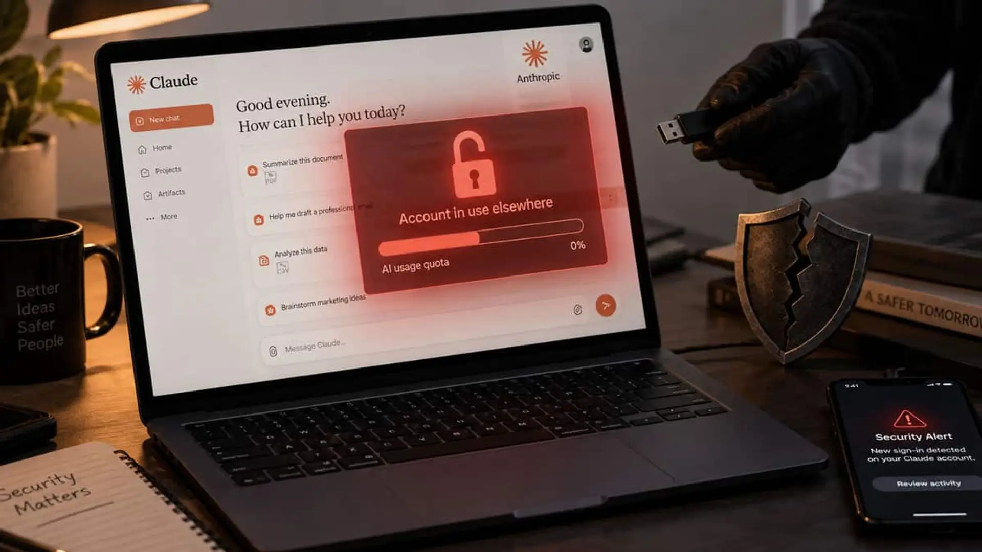 Anthropic confirma que un malware roba sesiones de Claude y agota las cuotas de pago Portátil con Claude y una alerta de seguridad mientras una persona sostiene un USB junto a un candado roto