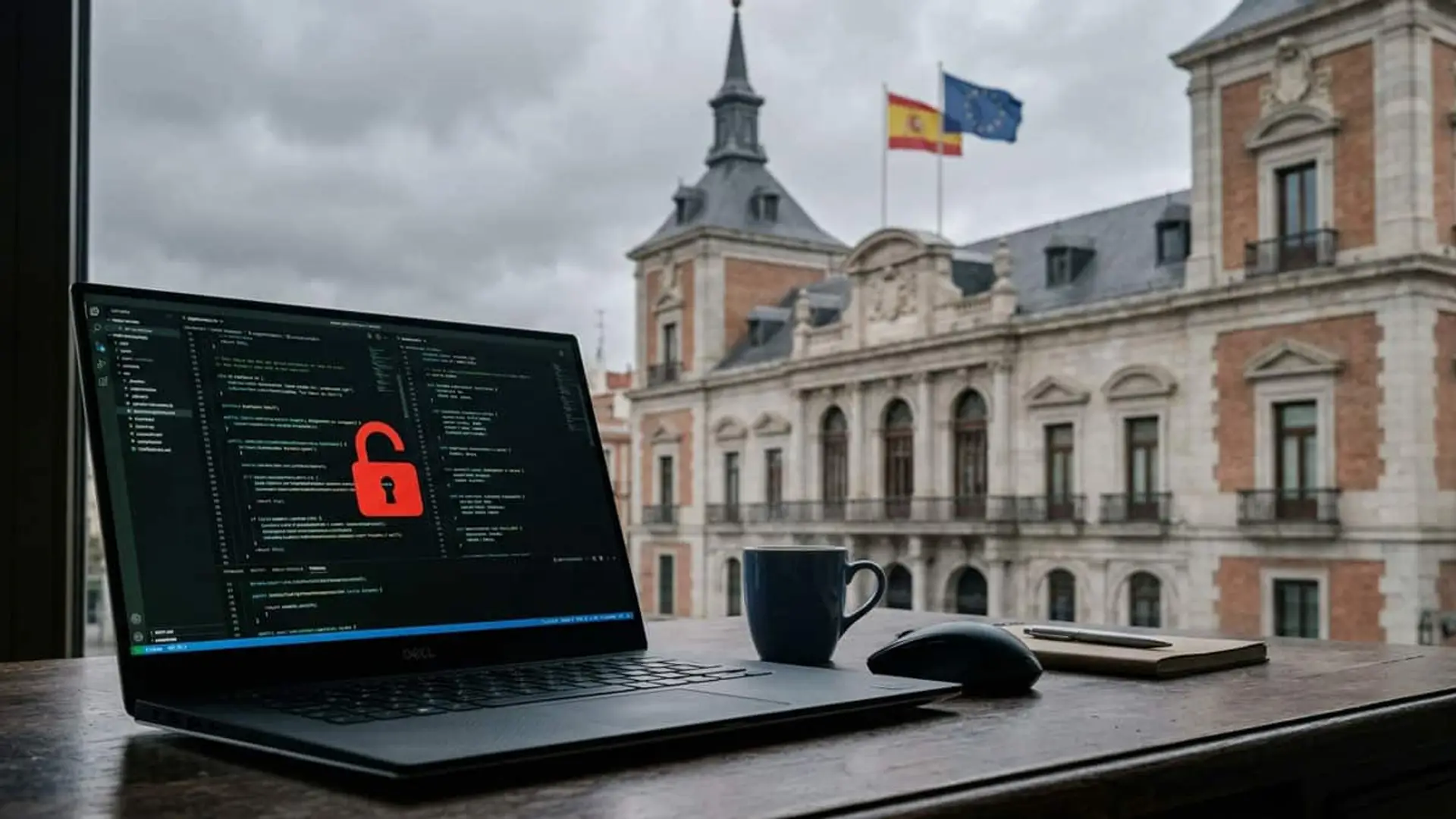 Un hacker asegura haber robado los datos de casi 2 millones de personas de Exteriores; el Ministerio lo niega Ordenador portátil con código y un icono de ciberseguridad delante del Ministerio de Asuntos Exteriores de España