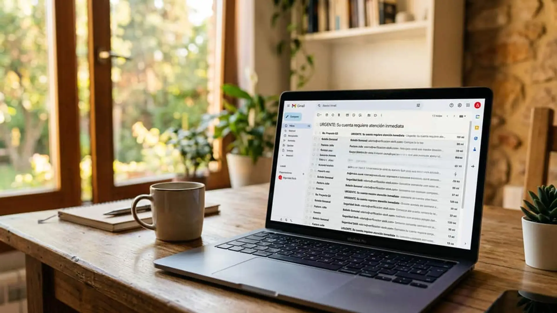 Portátil con Gmail abierto sobre una mesa de madera junto a una taza y una libreta
