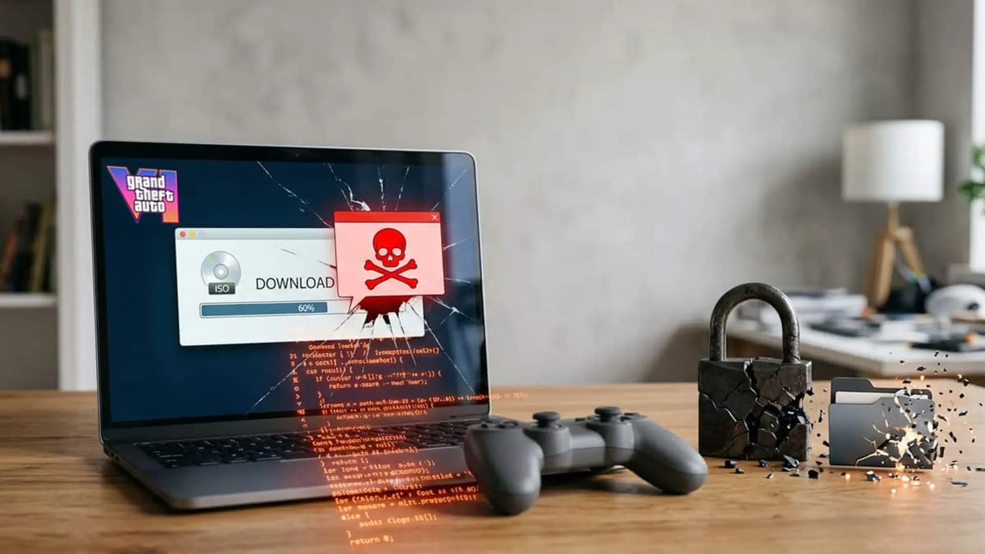 Portátil con una descarga de GTA, alerta de malware, código malicioso, mando y candado roto