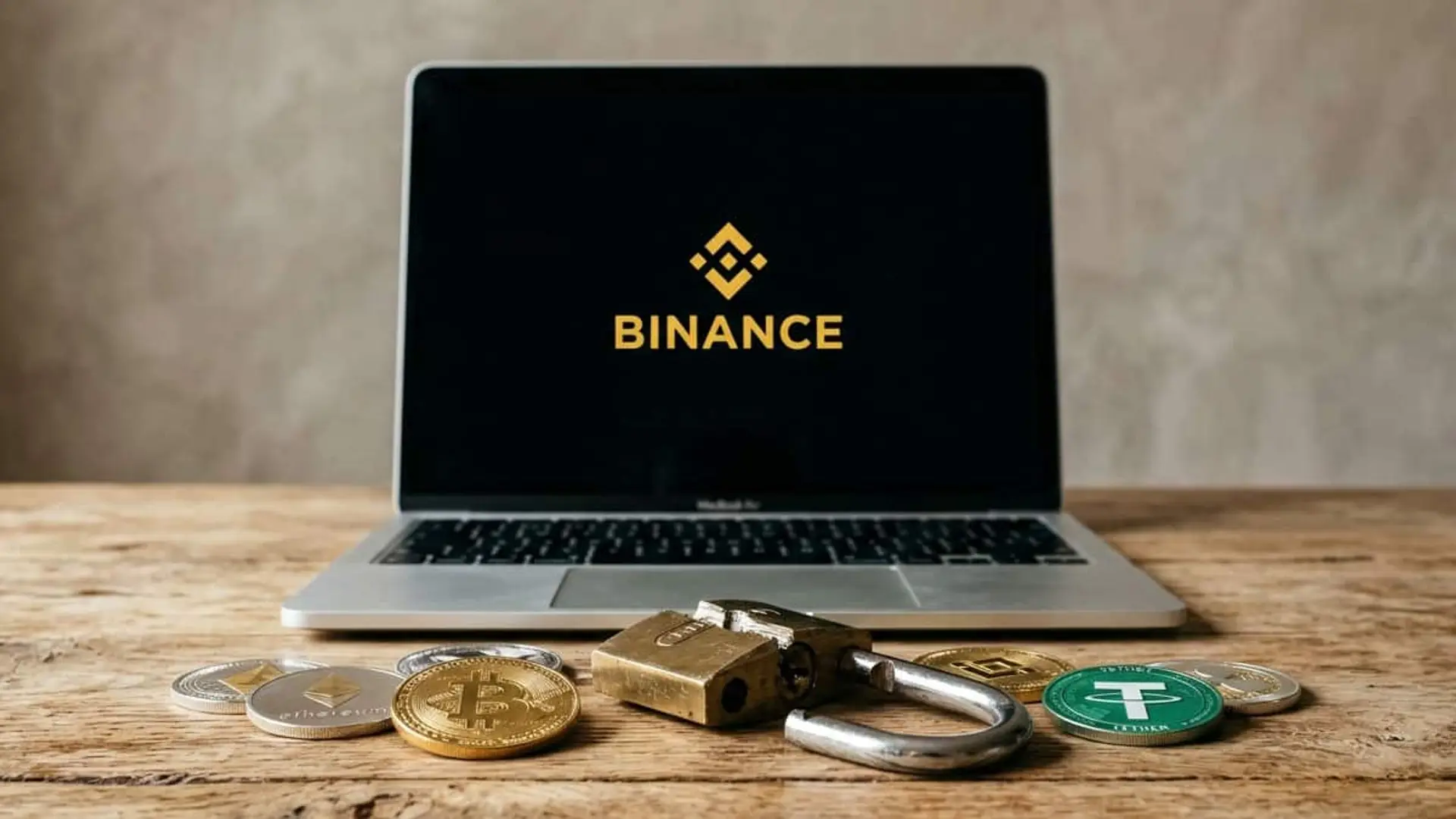 Hackeo a Binance: las estimaciones del mayor robo cripto pasan de 2.000 a 6.400 millones Ordenador portátil con el logo de Binance, un candado abierto y monedas de Bitcoin y otras criptomonedas sobre una mesa.