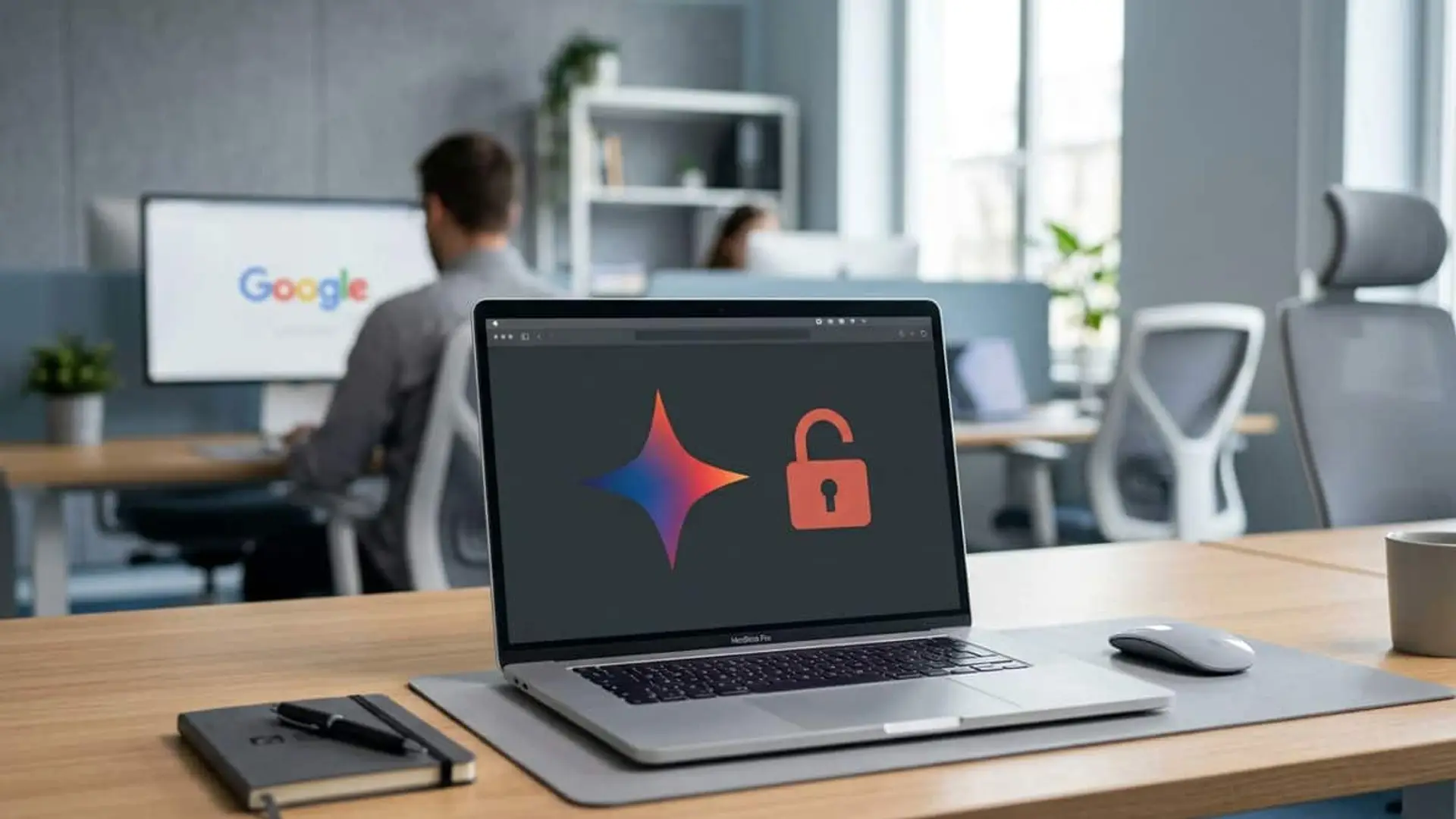 Ordenador portátil con el logotipo de Gemini y un candado abierto en pantalla, en una oficina con el logotipo de Google al fondo